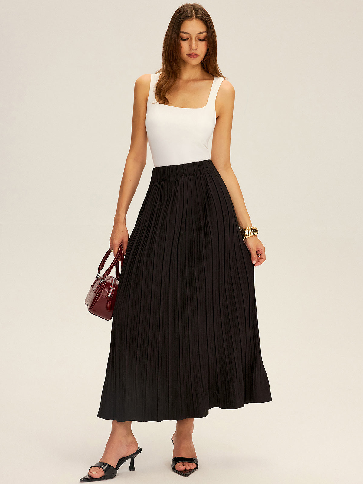 Pleated Elastic Waist Maxi Skirt-Chicvia
