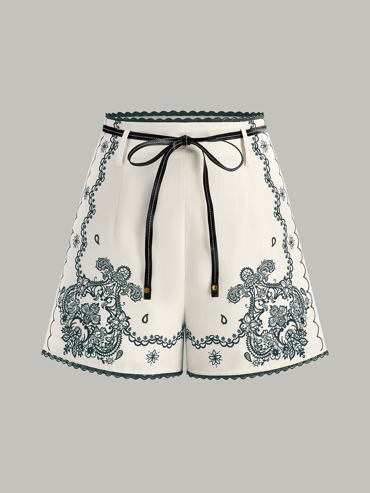 Floral Printed Suit Shorts with Lace Trims and Belt-Chicvia