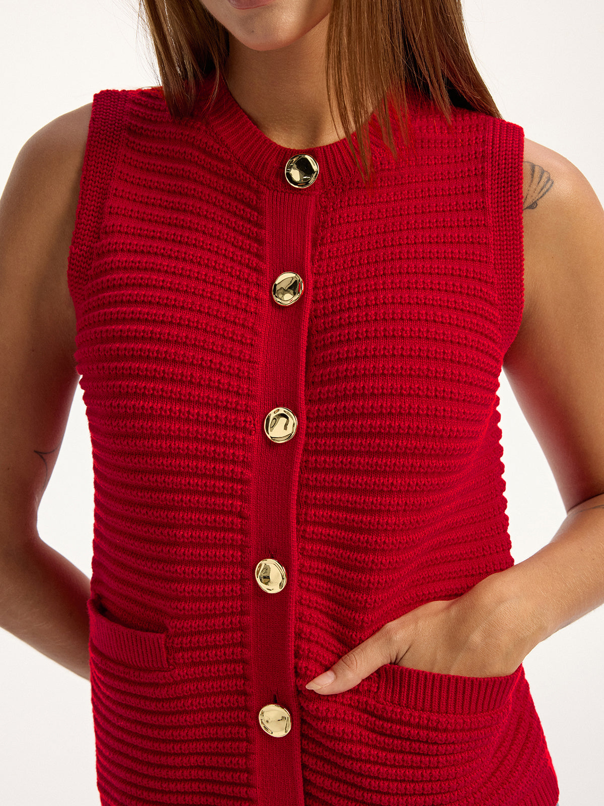 Metal Button Pocket Sweater Vest-Chicvia