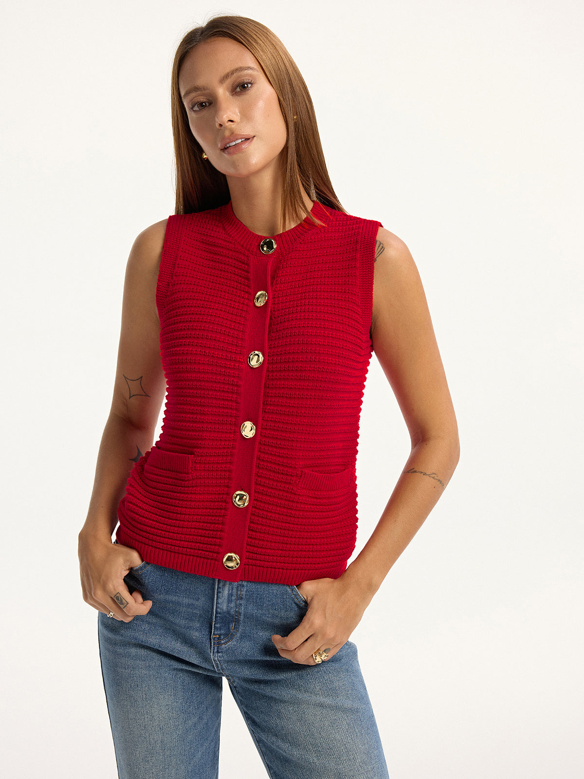Metal Button Pocket Sweater Vest-Chicvia