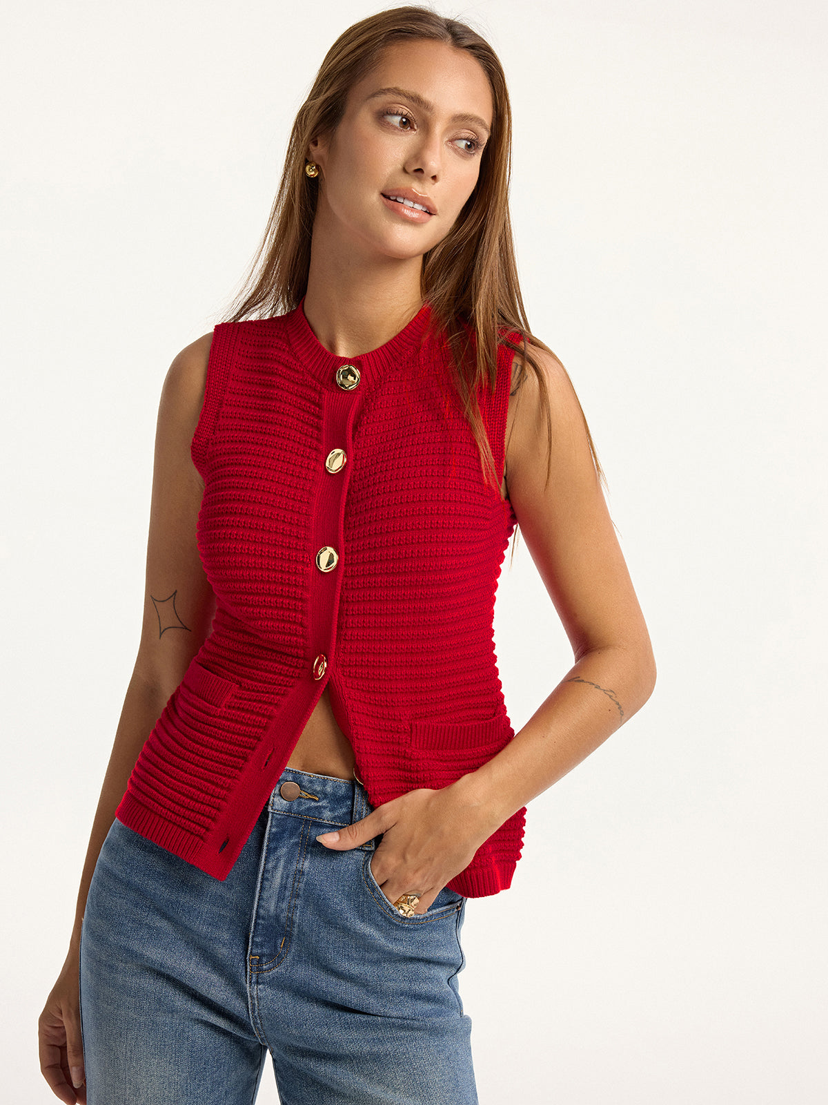 Metal Button Pocket Sweater Vest-Chicvia