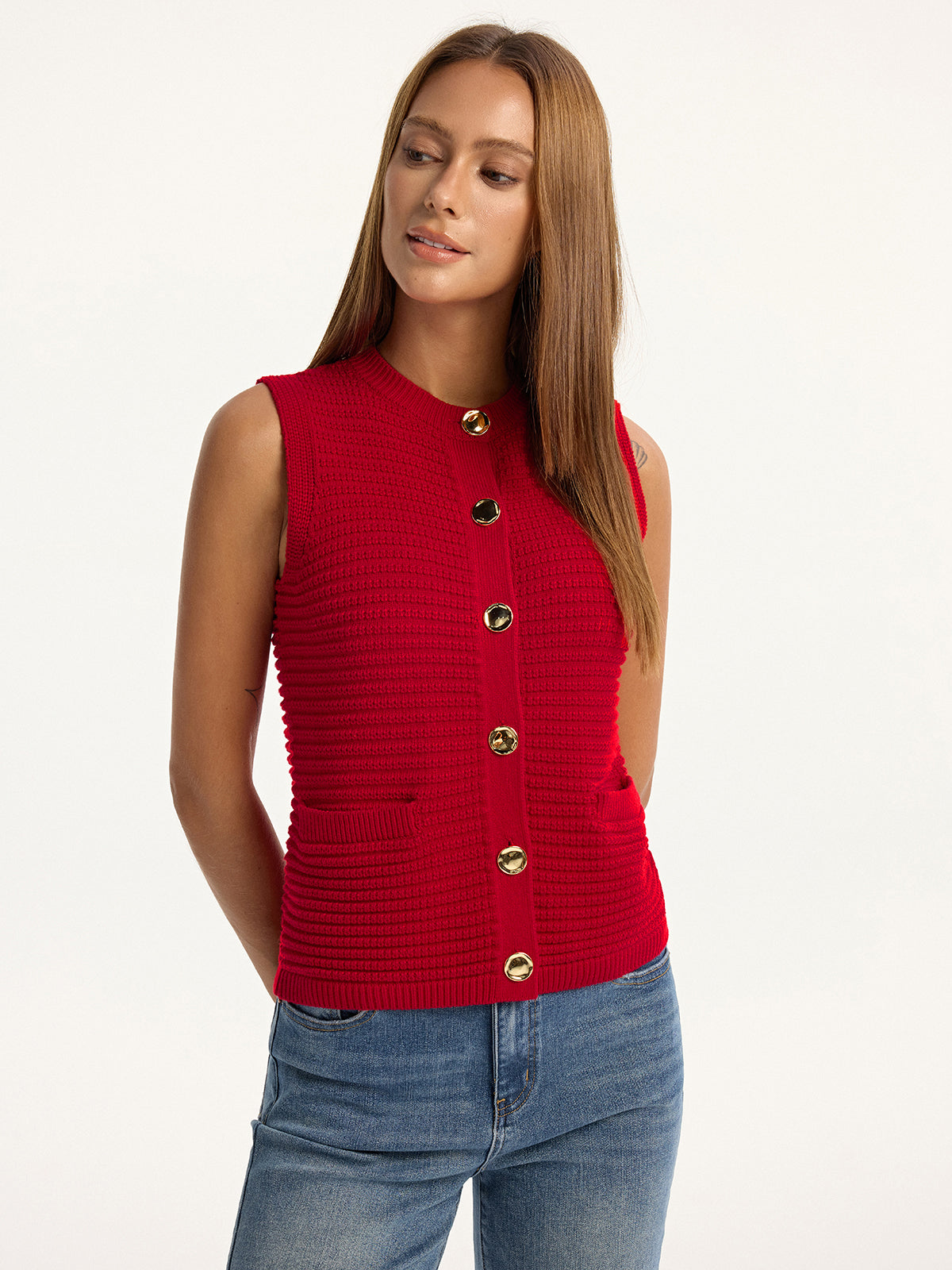 Metal Button Pocket Sweater Vest-Chicvia