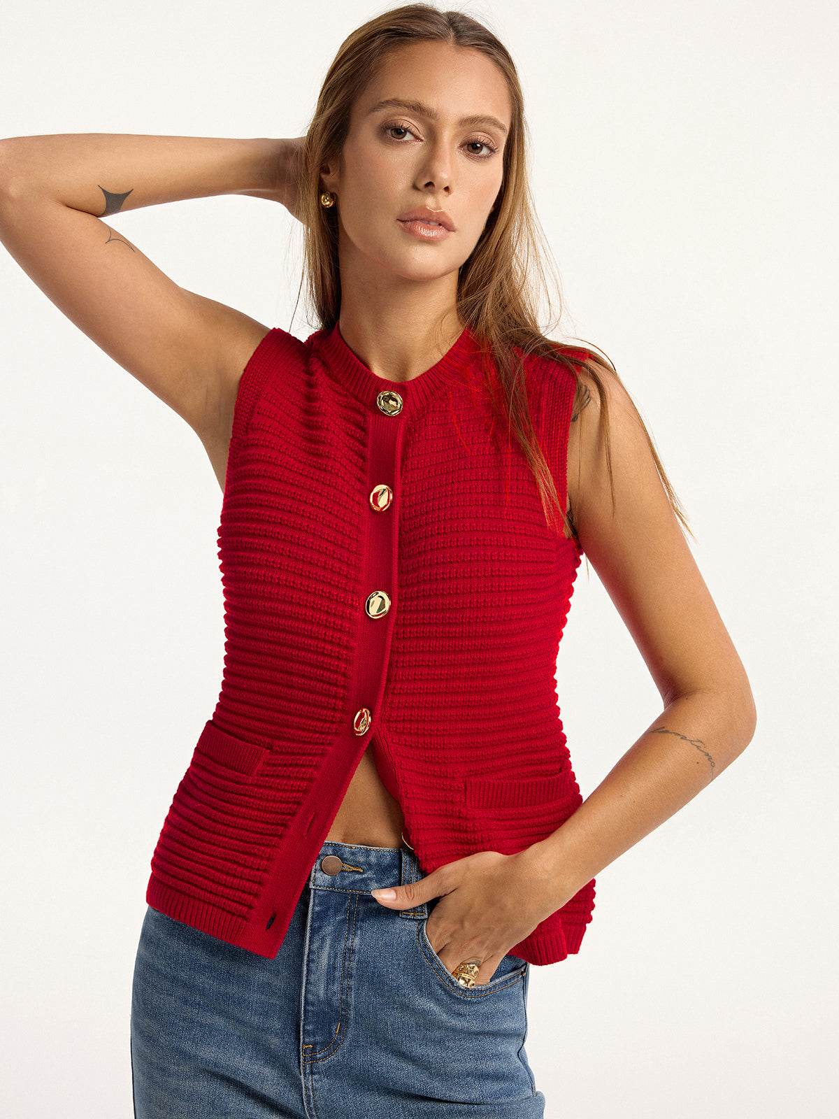 Metal Button Pocket Sweater Vest-Chicvia