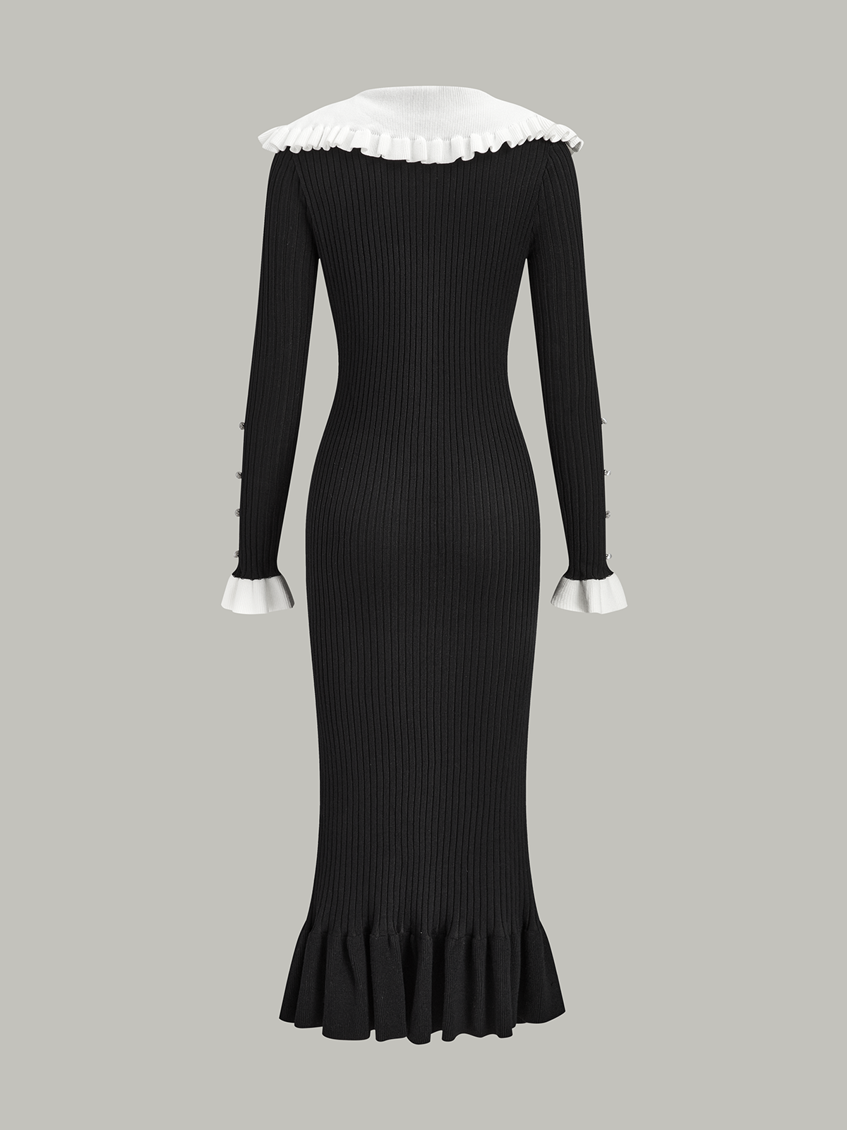 Contrast Ruffled Collar Knit Midi Dress-Chicvia