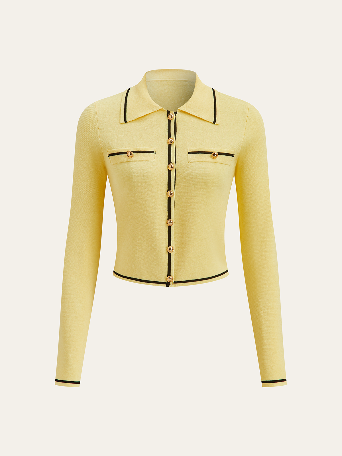 Contrast Trim Collared Knit Cardigan-Chicvia