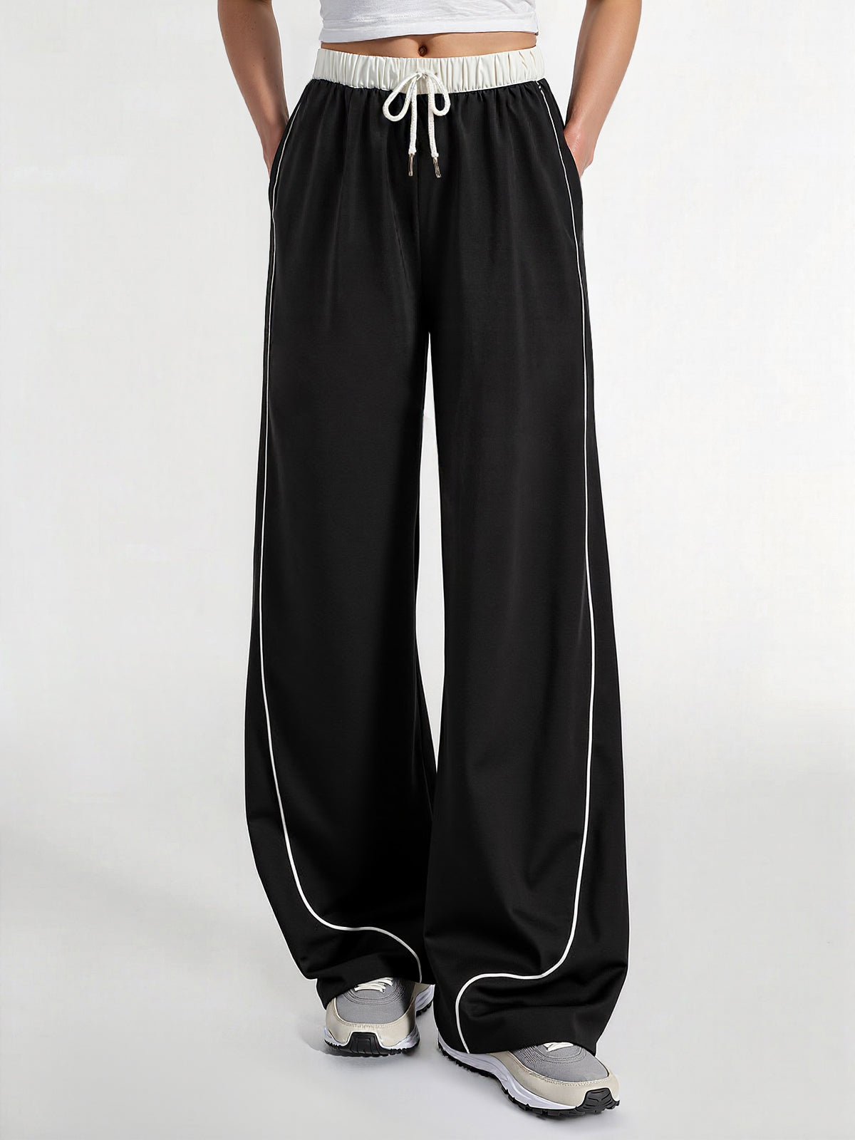 Contrast Waistband Drawstring Wide-Leg Pants-Chicvia