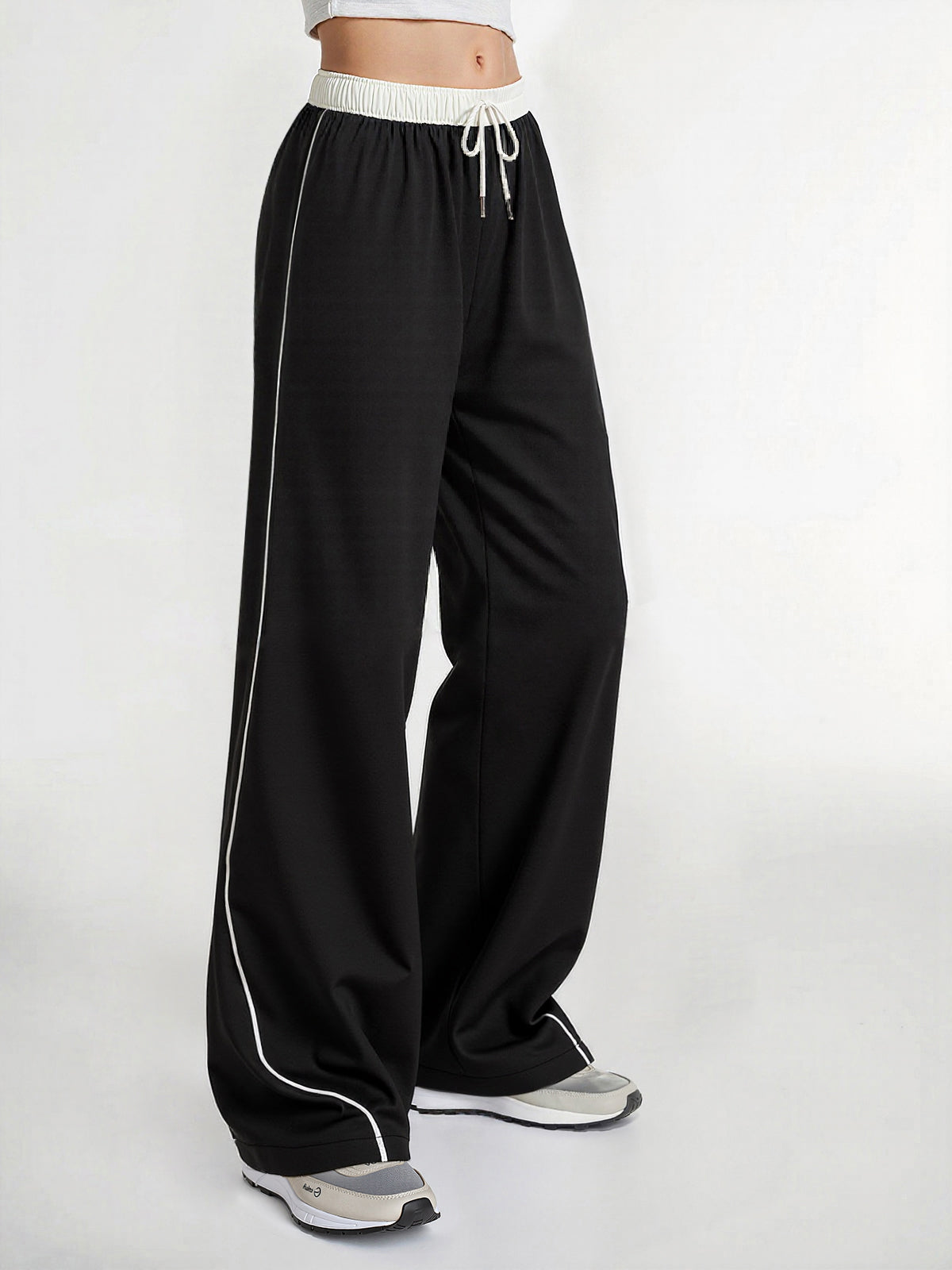 Contrast Waistband Drawstring Wide-Leg Pants-Chicvia