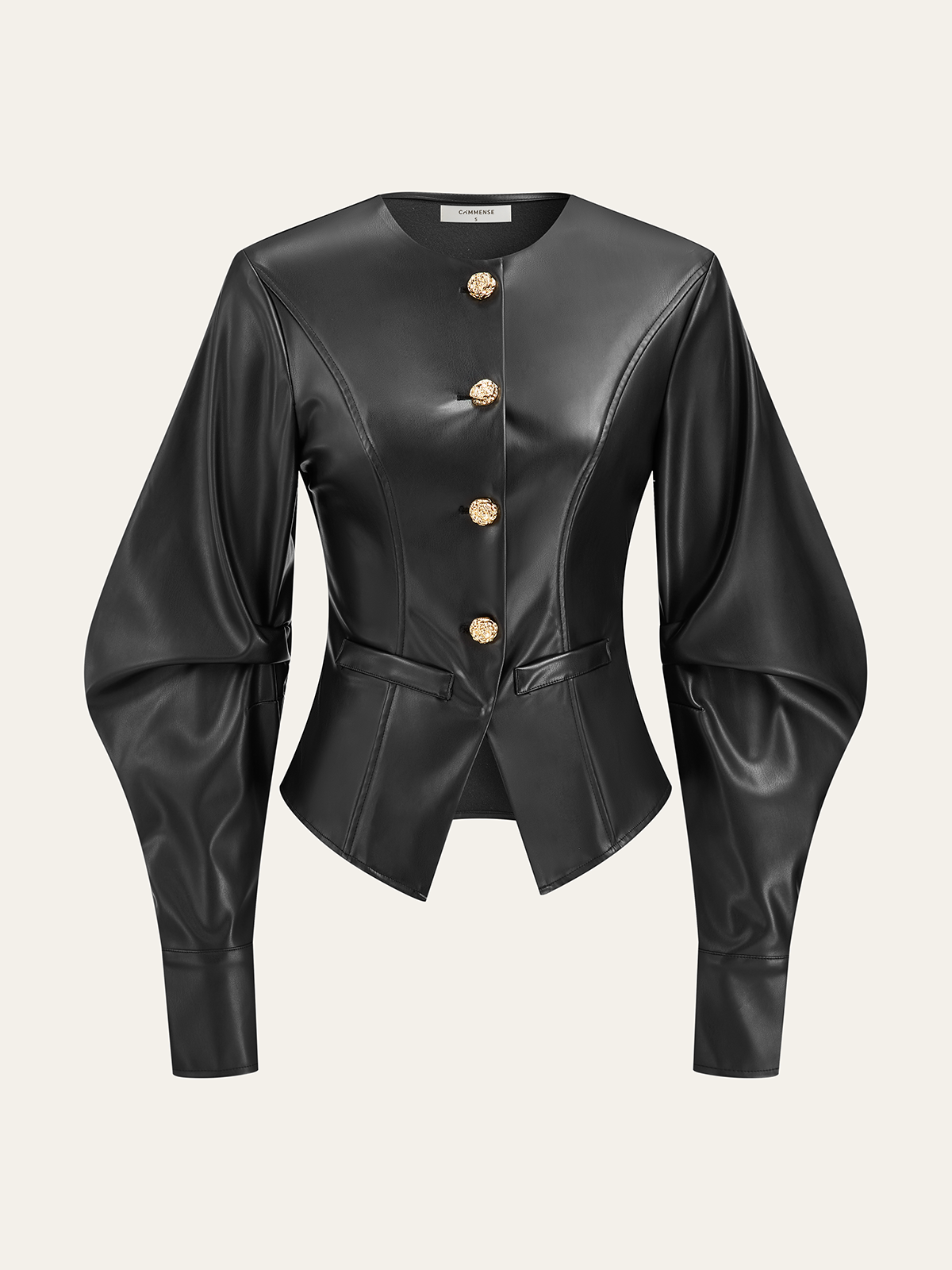 Metal Button Puffed Sleeve PU Leather Jacket-Chicvia
