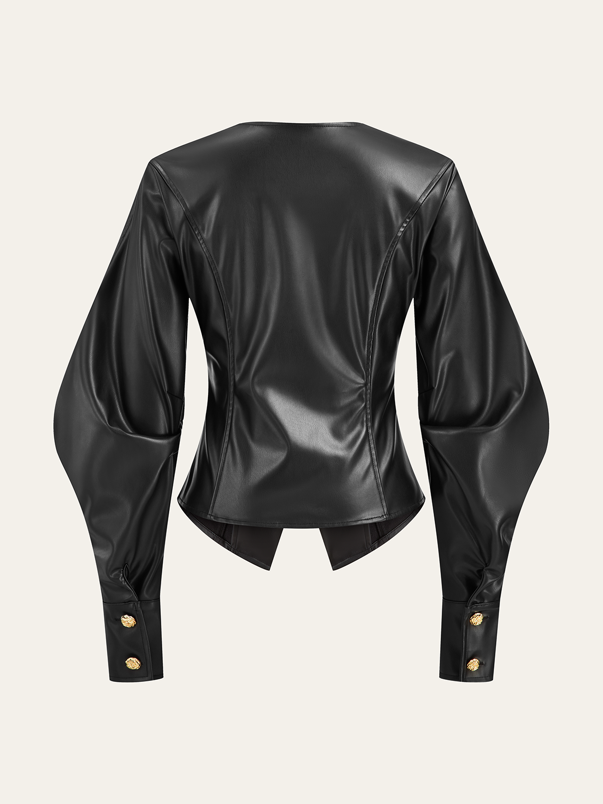 Metal Button Puffed Sleeve PU Leather Jacket-Chicvia