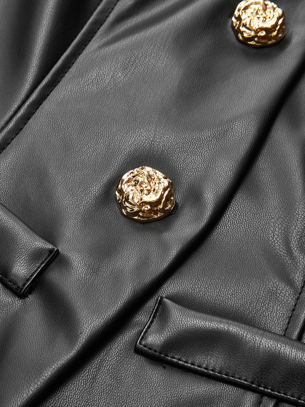 Metal Button Puffed Sleeve PU Leather Jacket-Chicvia