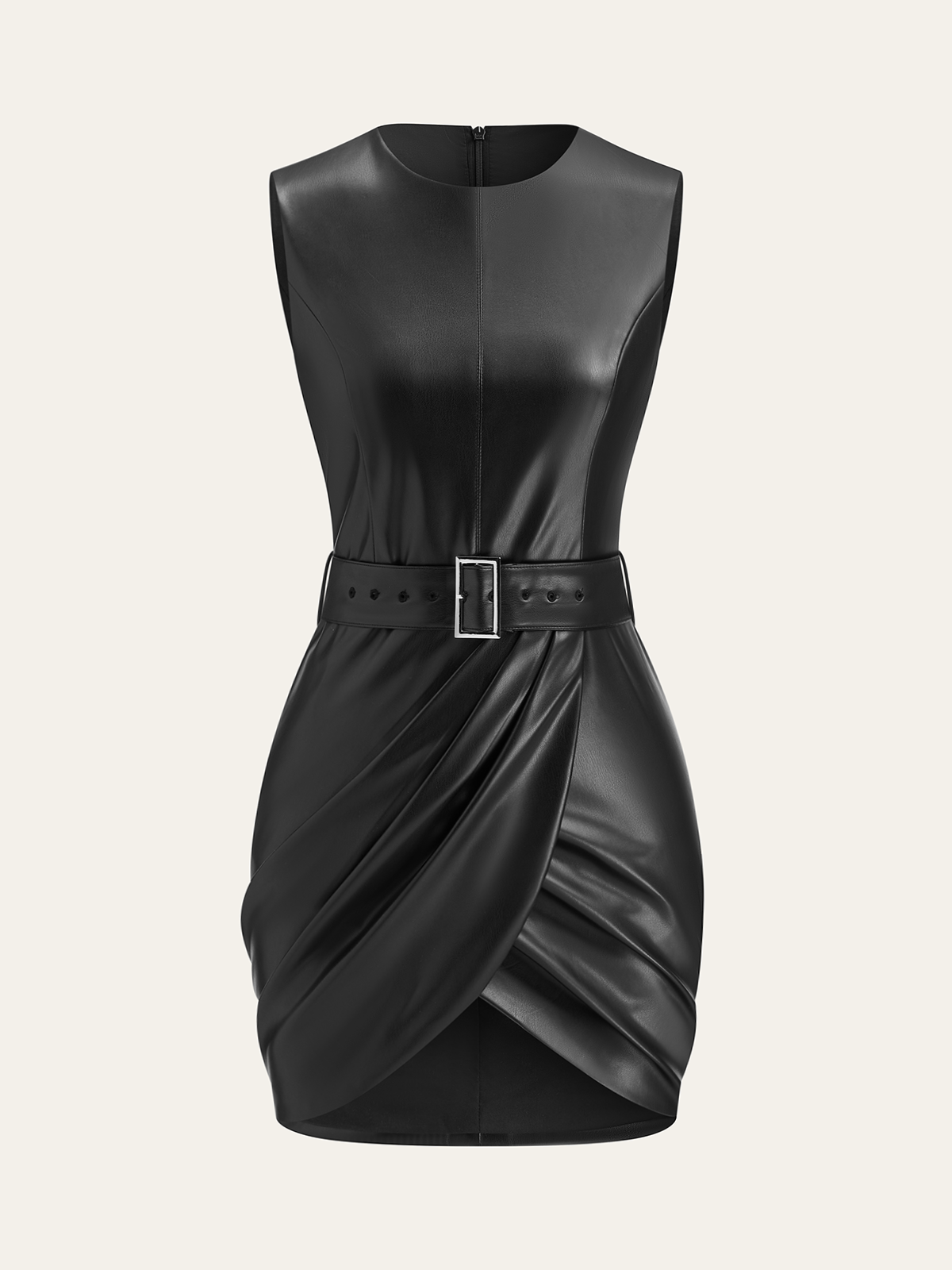 Faux Leather Sleeveless Dress with Belt-Chicvia