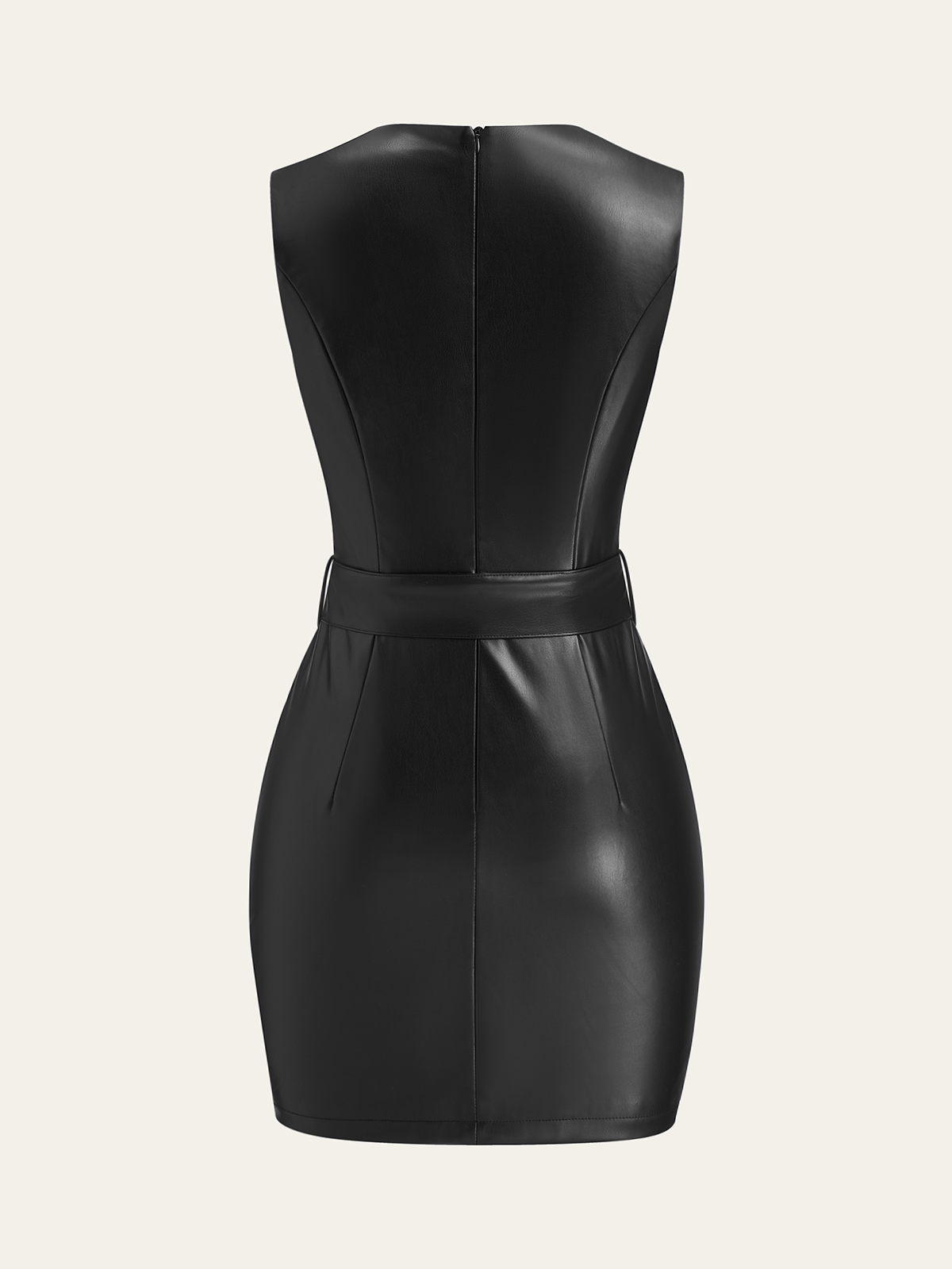 Faux Leather Sleeveless Dress with Belt-Chicvia