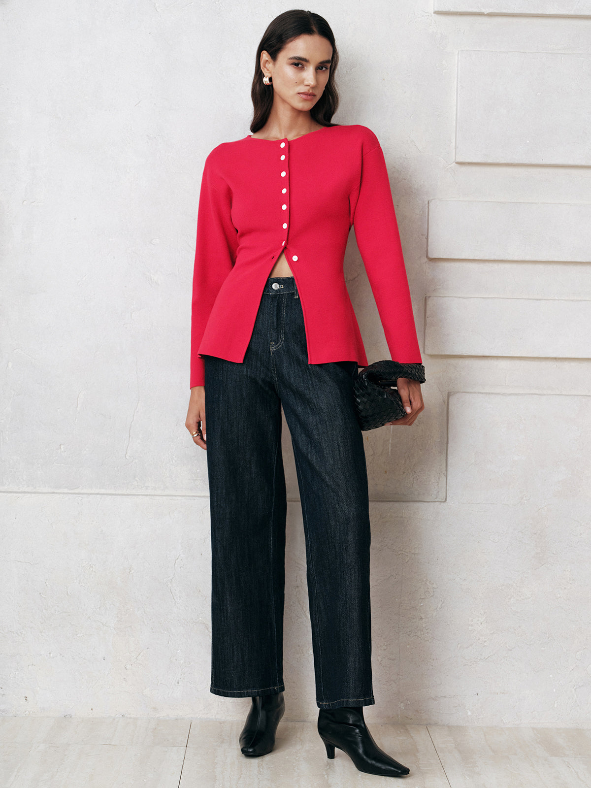 Button-Front Long Sleeve Knit Top-Chicvia