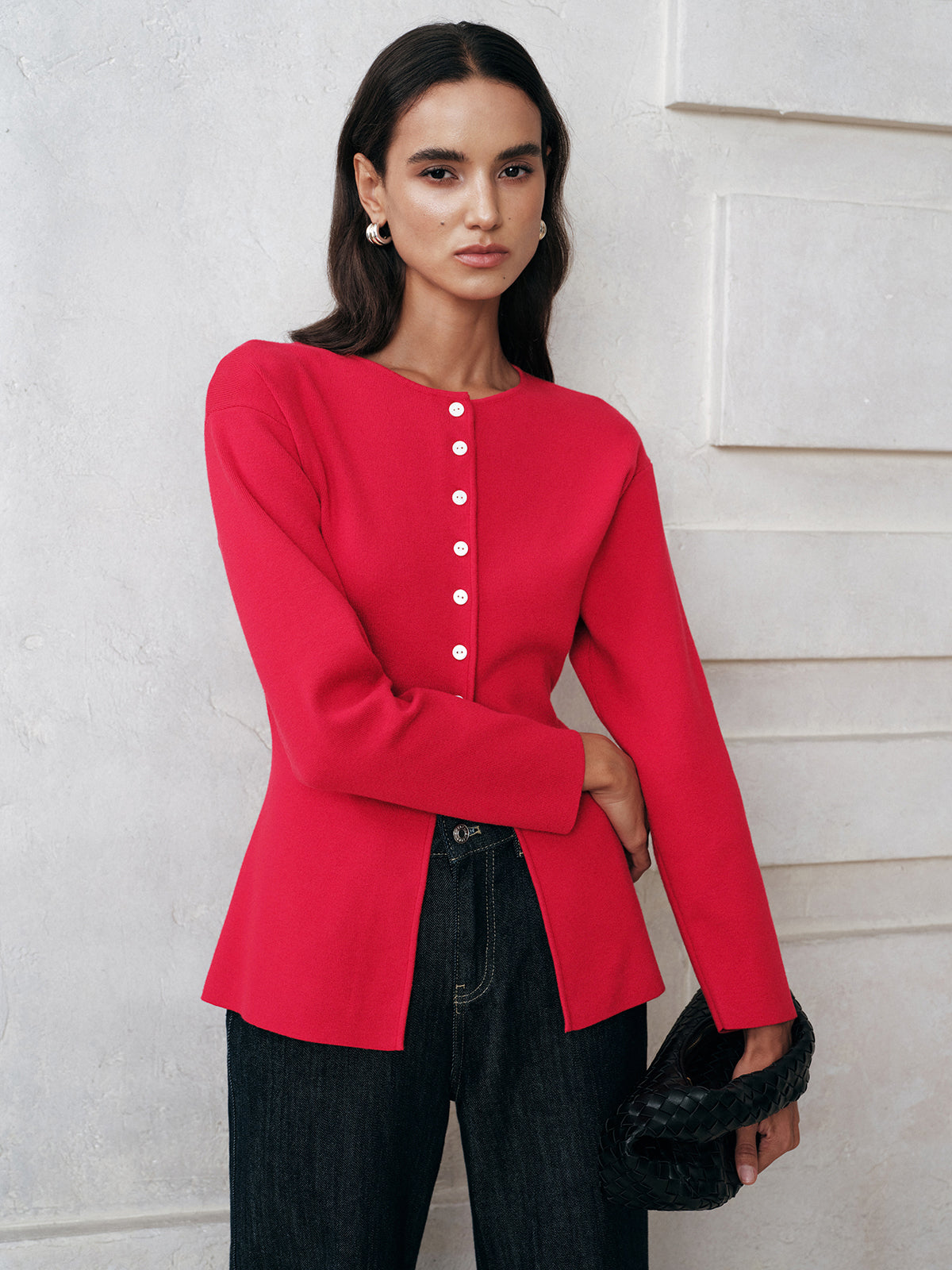 Button-Front Long Sleeve Knit Top-Chicvia