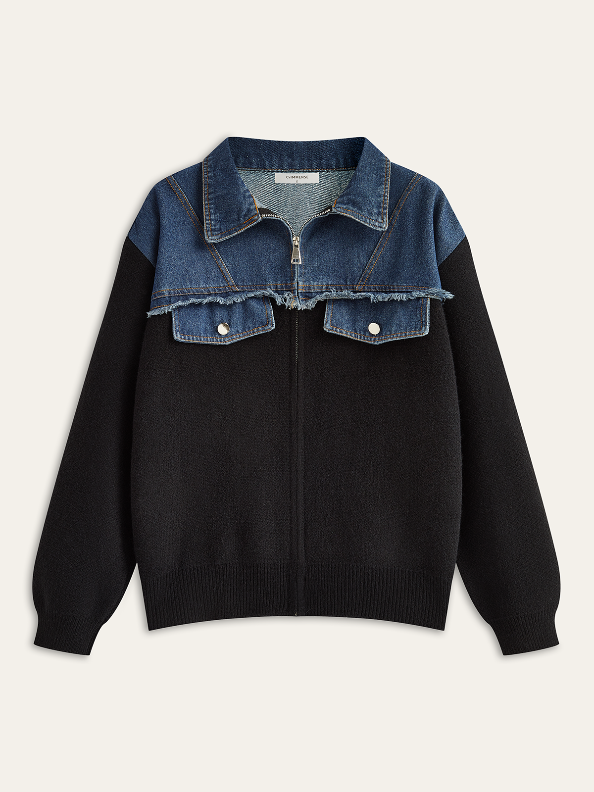 Denim Panel Zipper Cardigan-Chicvia