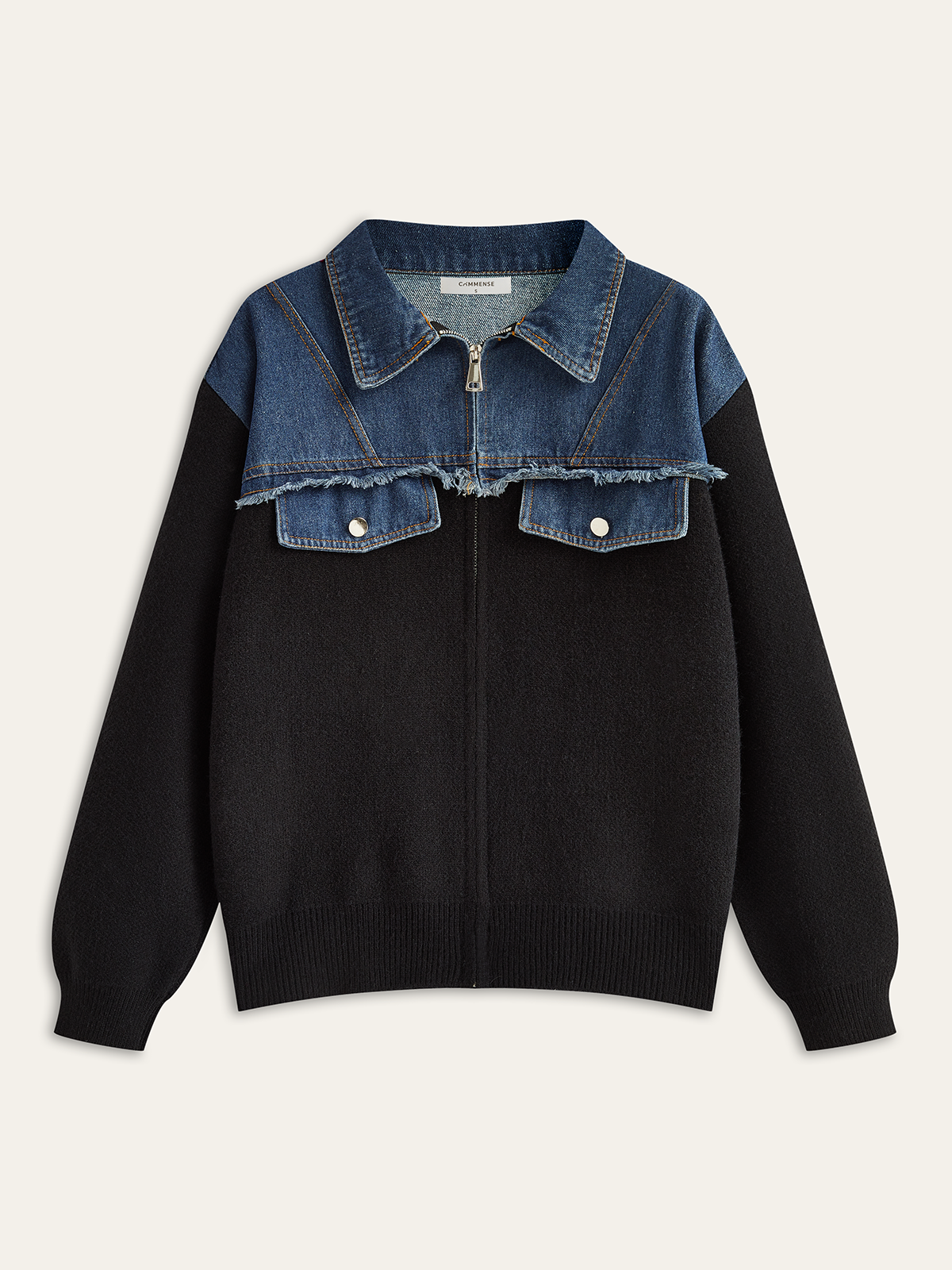 Denim Panel Zipper Cardigan-Chicvia