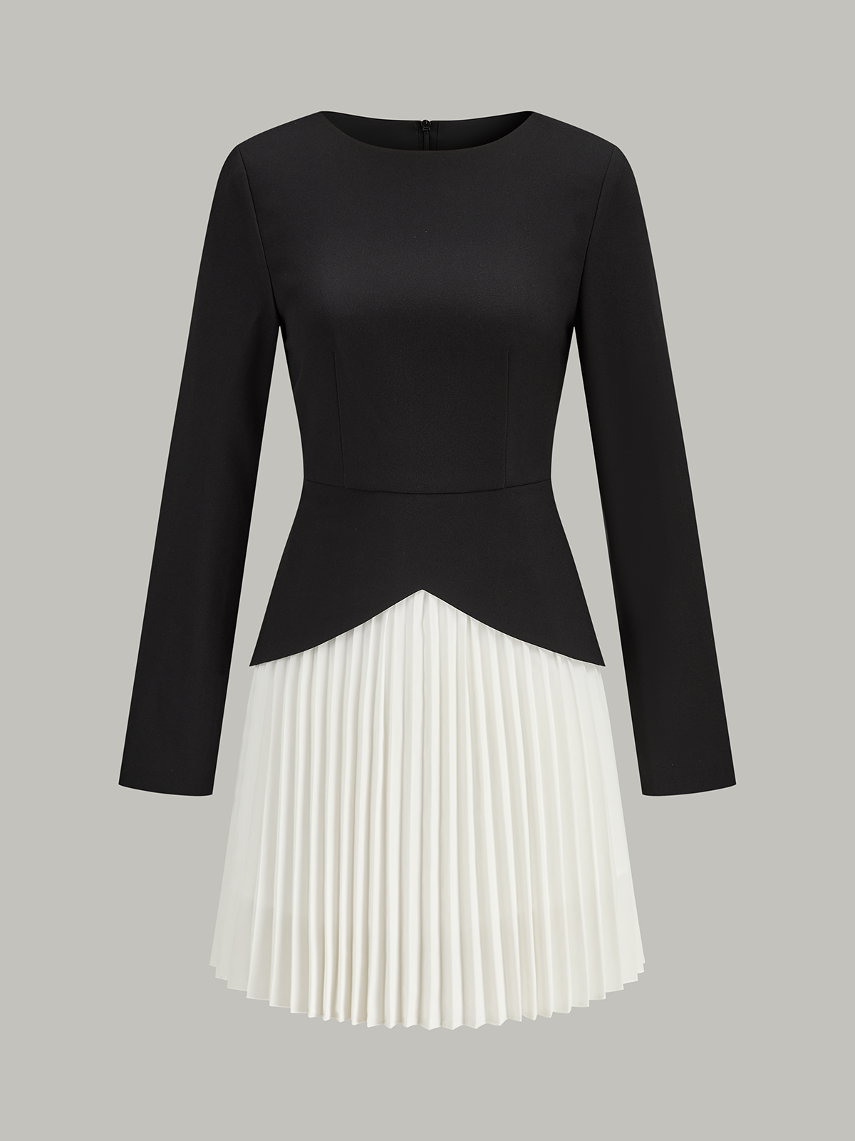 Long Sleeve Color-Block Pleated Dress-Chicvia