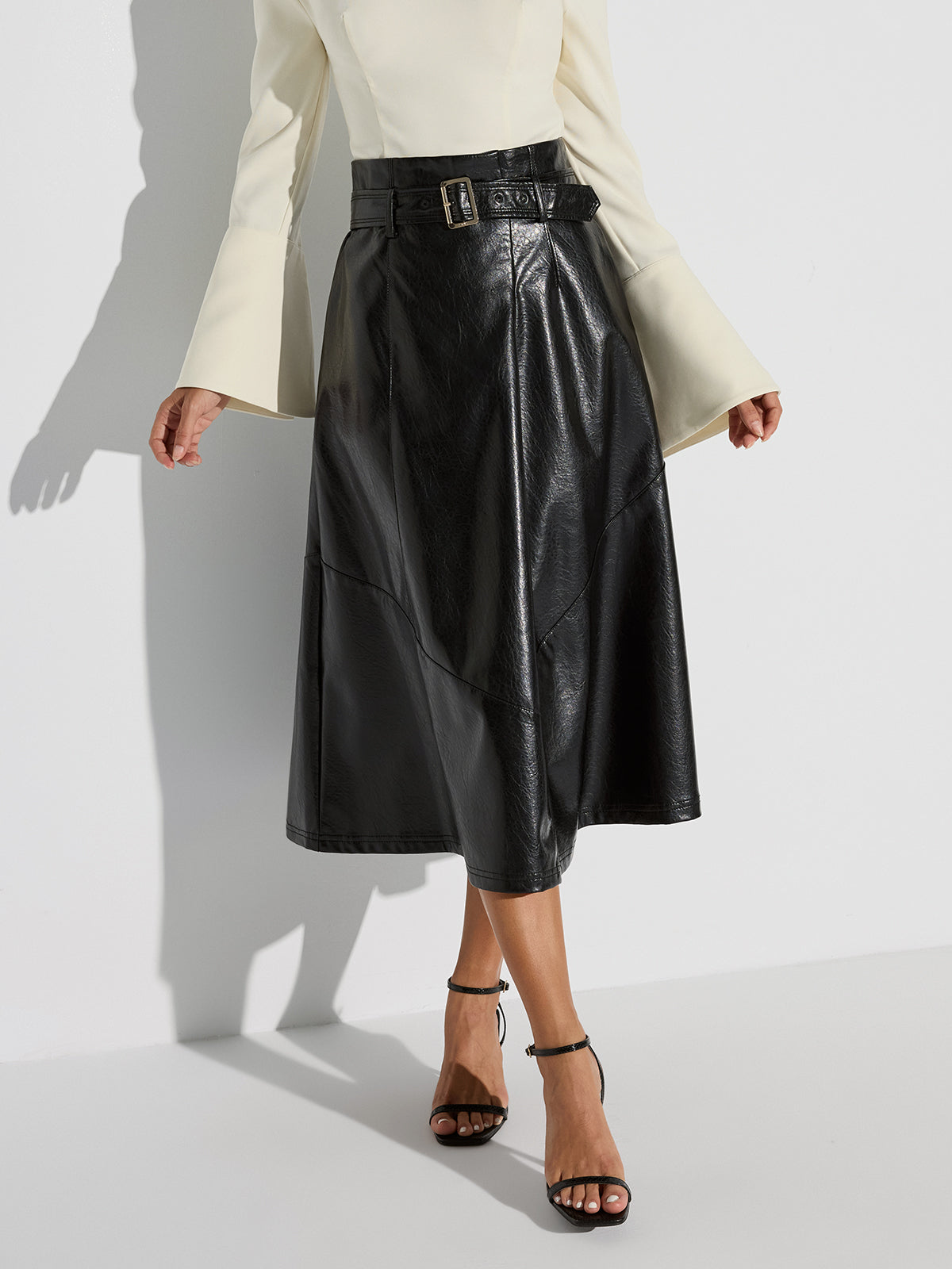 Belted PU Leather Maxi Skirt-Chicvia