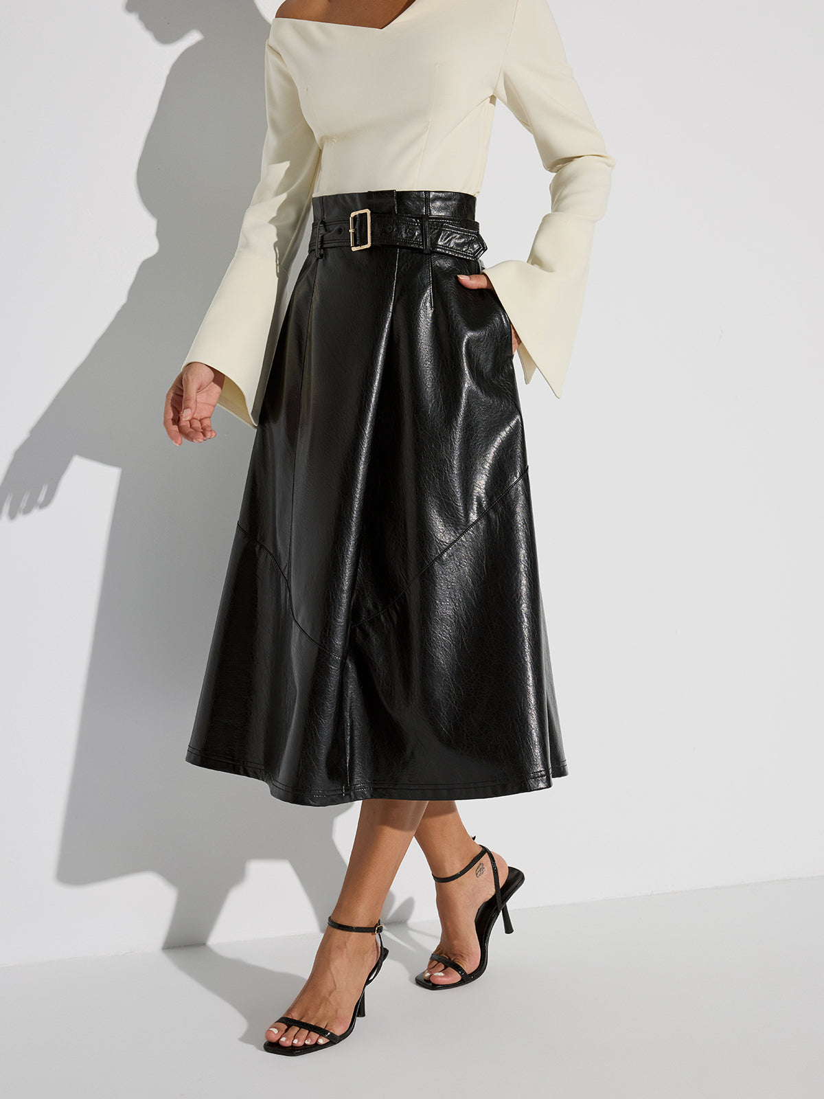 Belted PU Leather Maxi Skirt-Chicvia