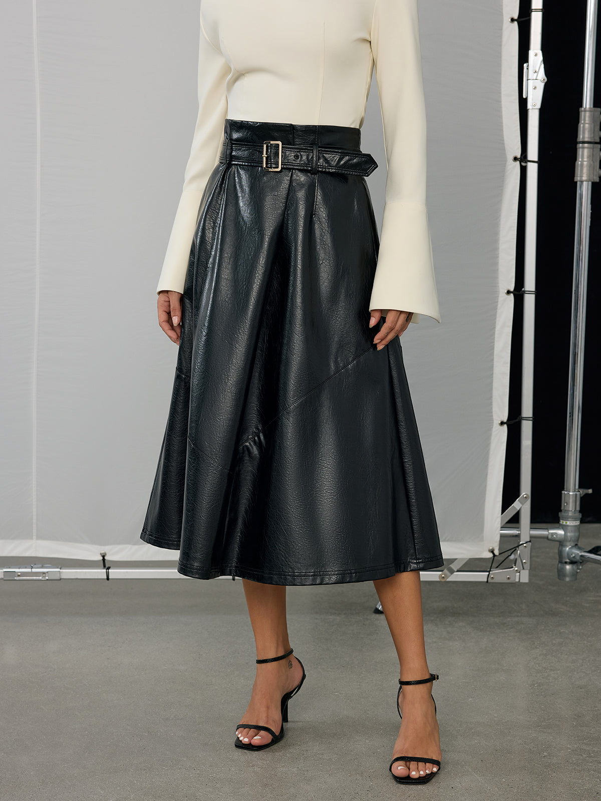 Belted PU Leather Maxi Skirt-Chicvia