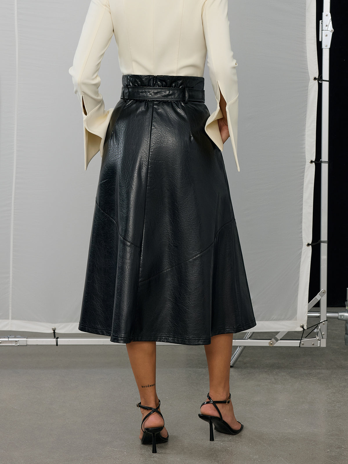 Belted PU Leather Maxi Skirt-Chicvia