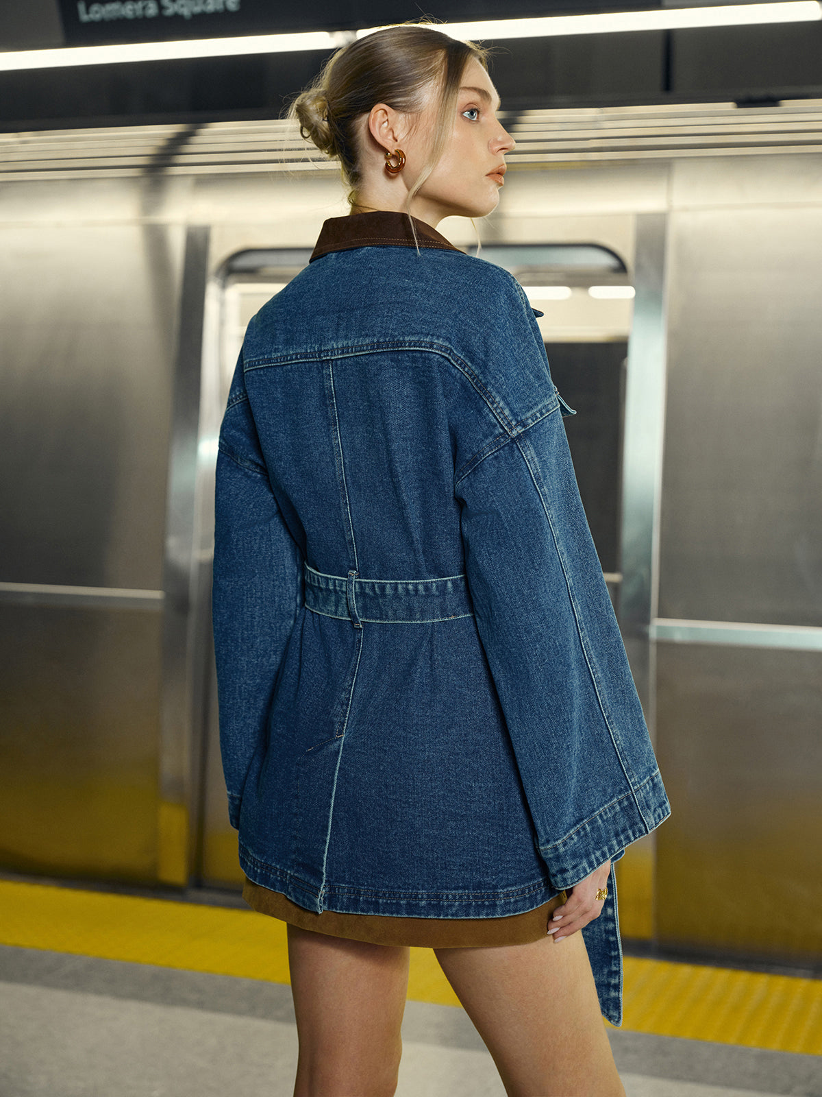 Denim Belted Lapel Jacket-Chicvia