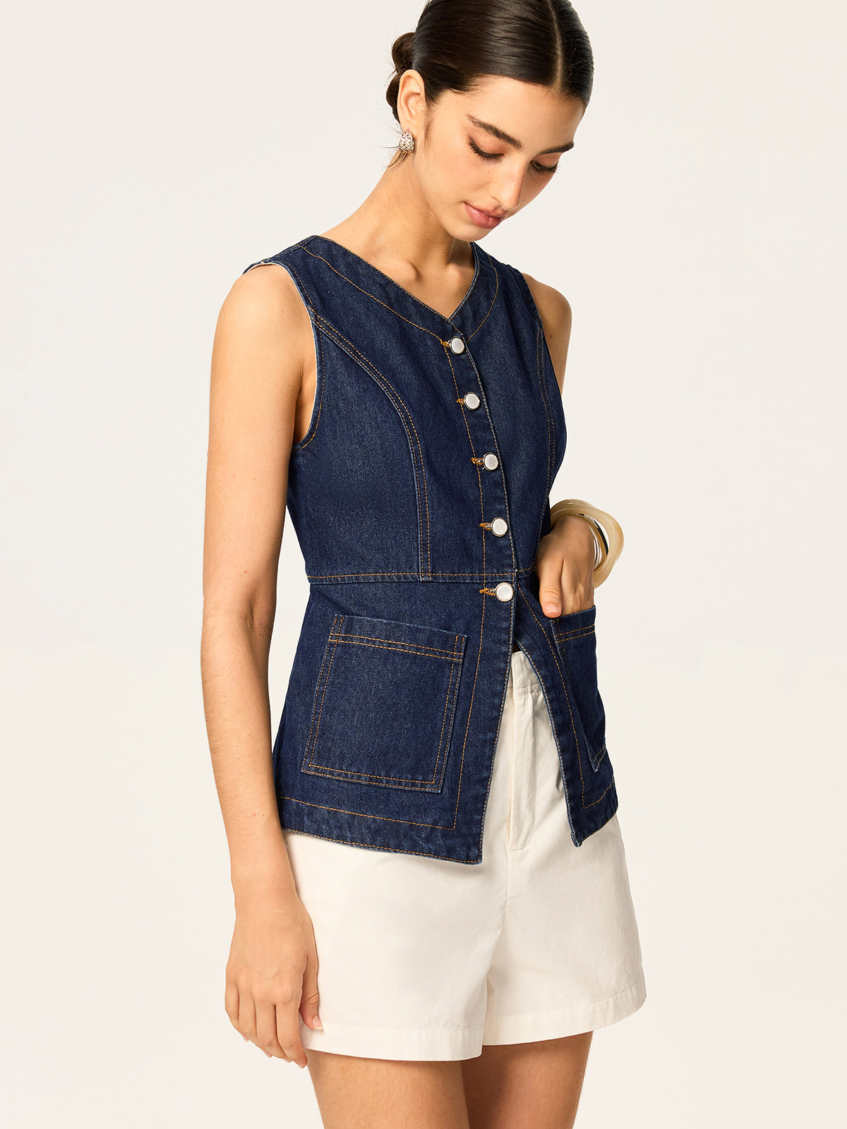 Denim Slim Button Sleeveless Vest-Chicvia