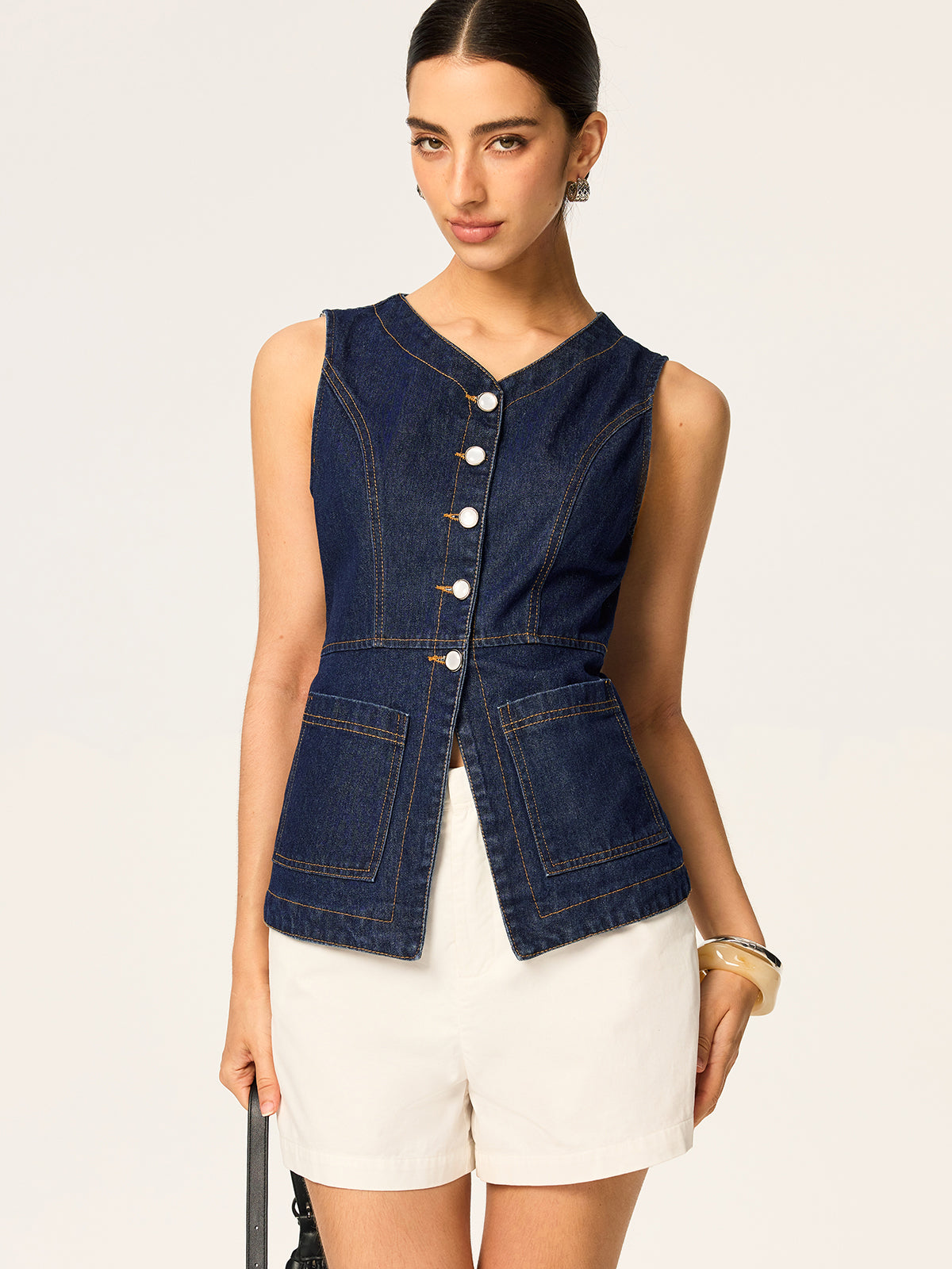 Denim Slim Button Sleeveless Vest-Chicvia