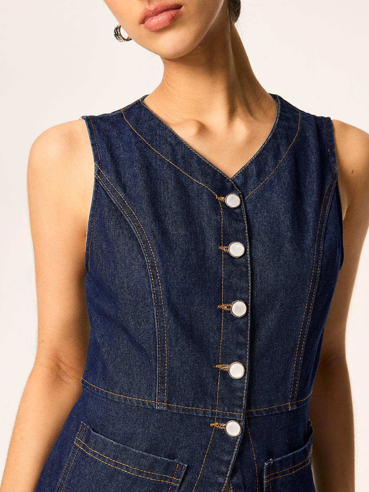 Denim Slim Button Sleeveless Vest-Chicvia