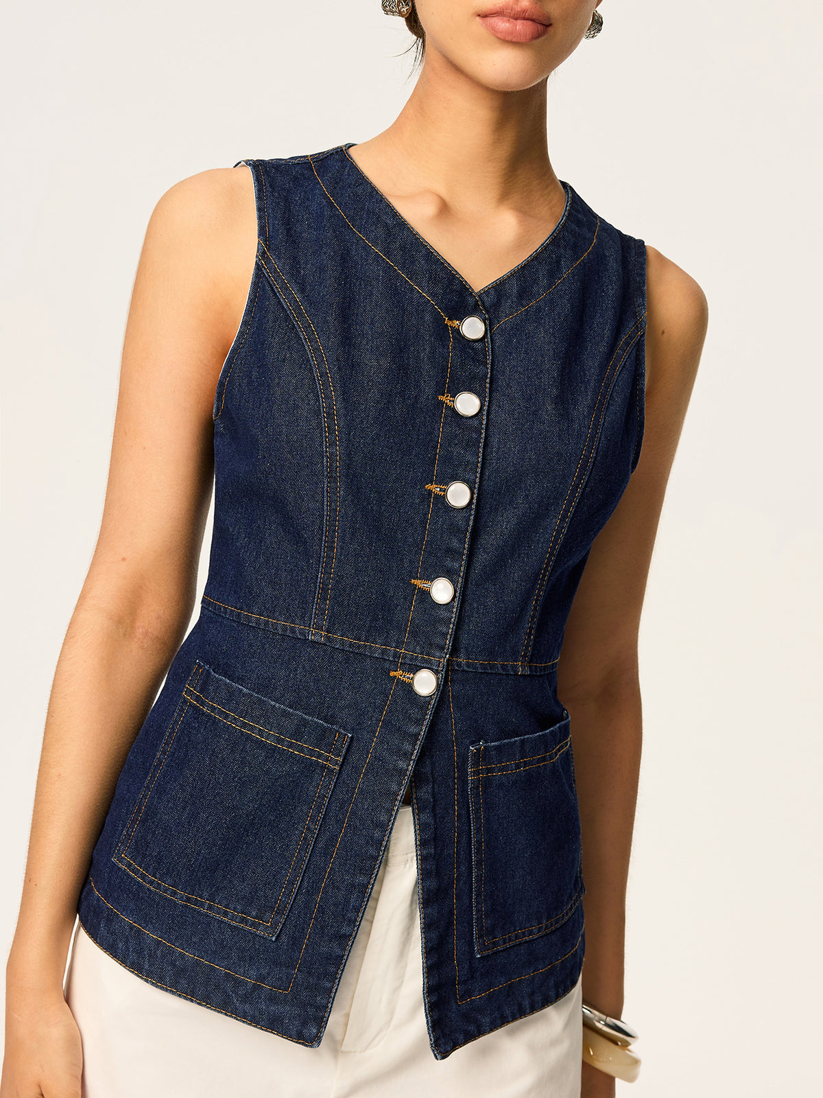 Denim Slim Button Sleeveless Vest-Chicvia