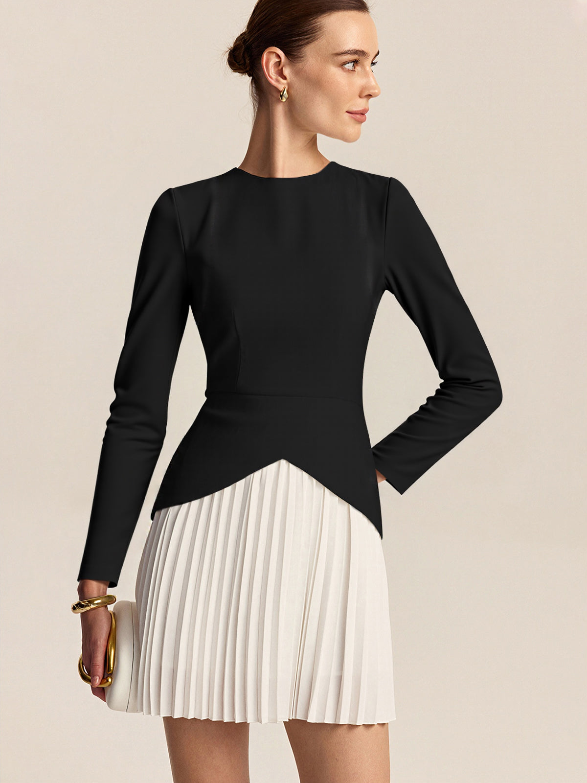 Long Sleeve Color-Block Pleated Dress-Chicvia