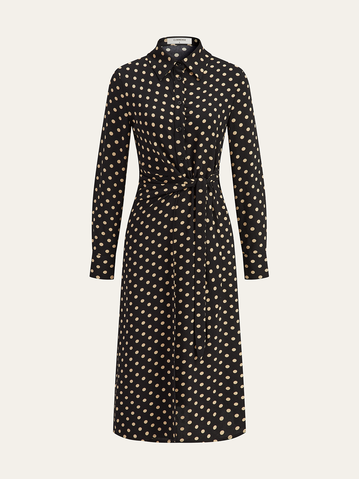 Polka Dot Shirt Collar Belted Long Sleeve Dress-Chicvia