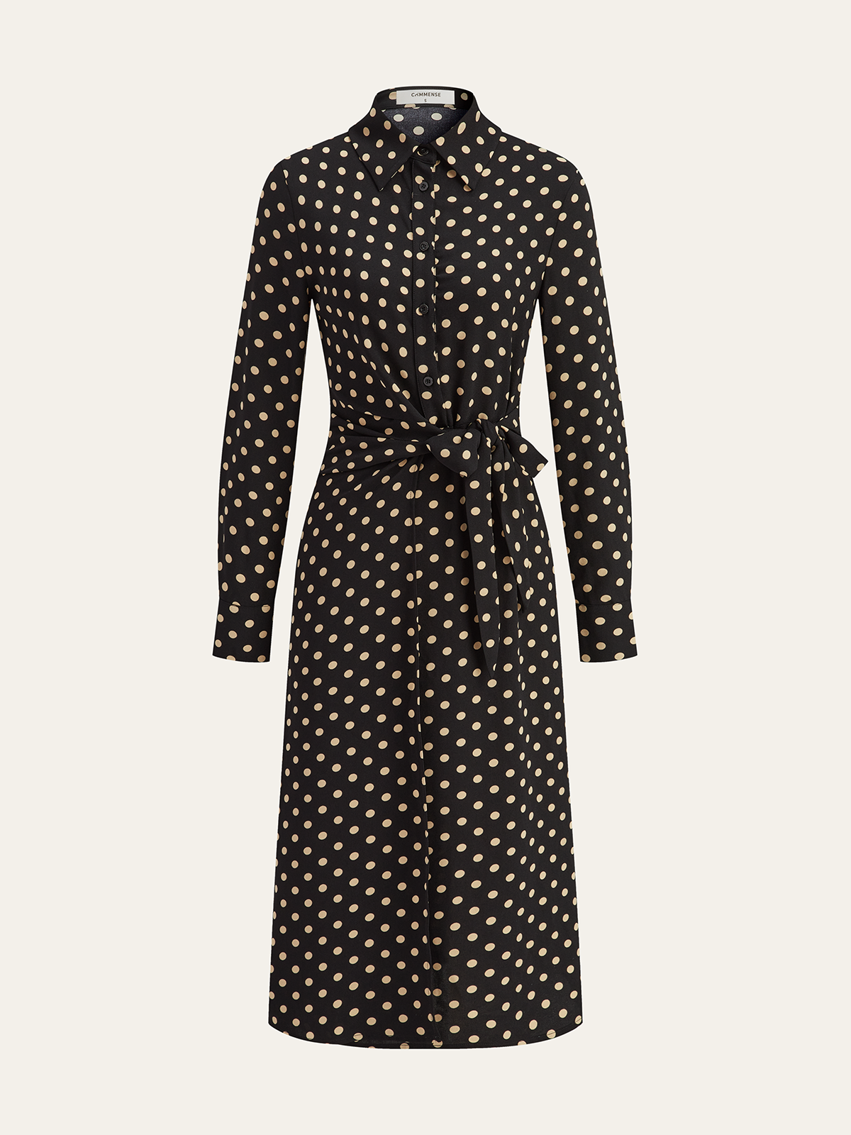 Polka Dot Shirt Collar Belted Long Sleeve Dress-Chicvia