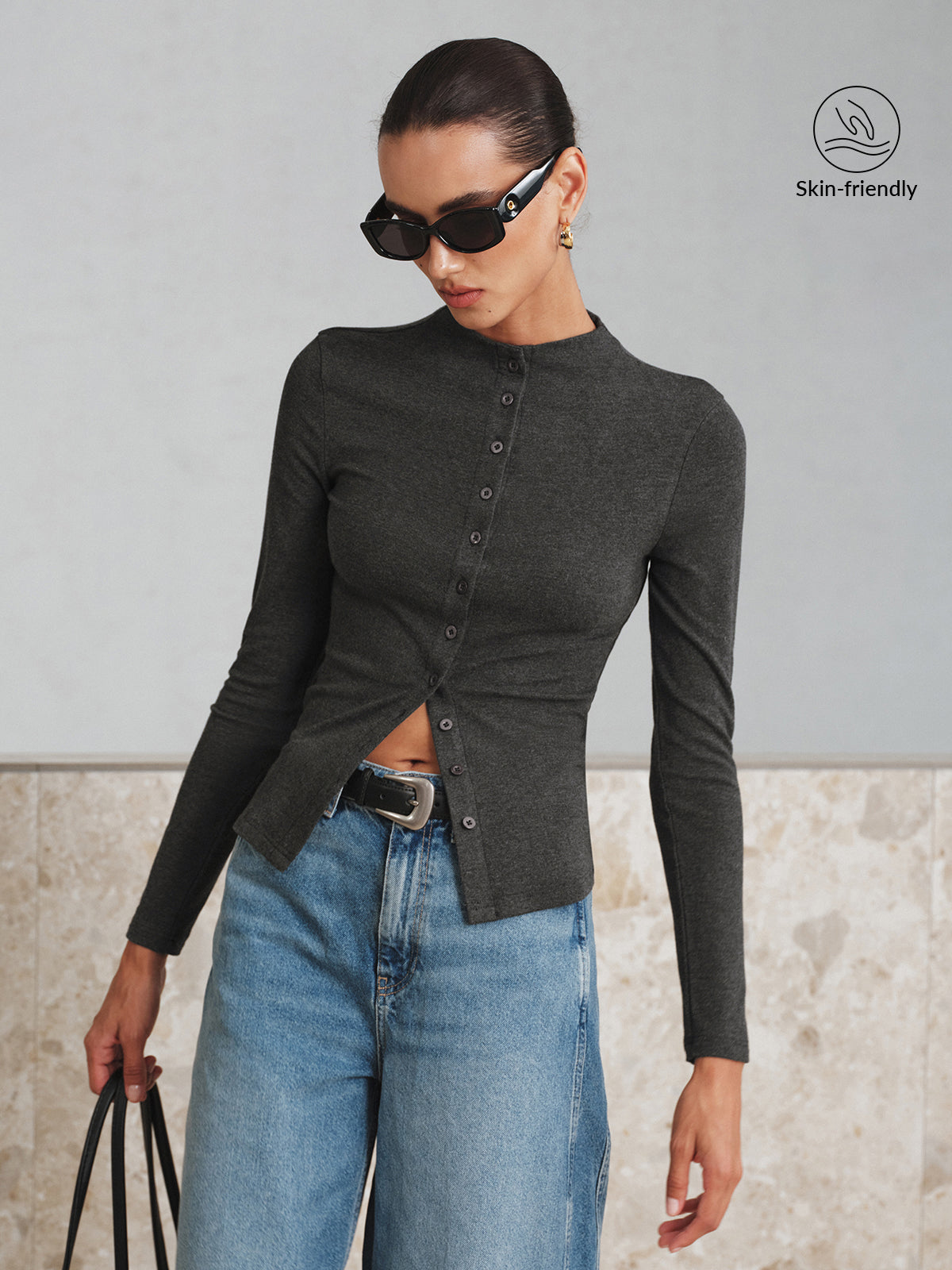 Mock Neck Button Long Sleeve T-Shirt-Chicvia