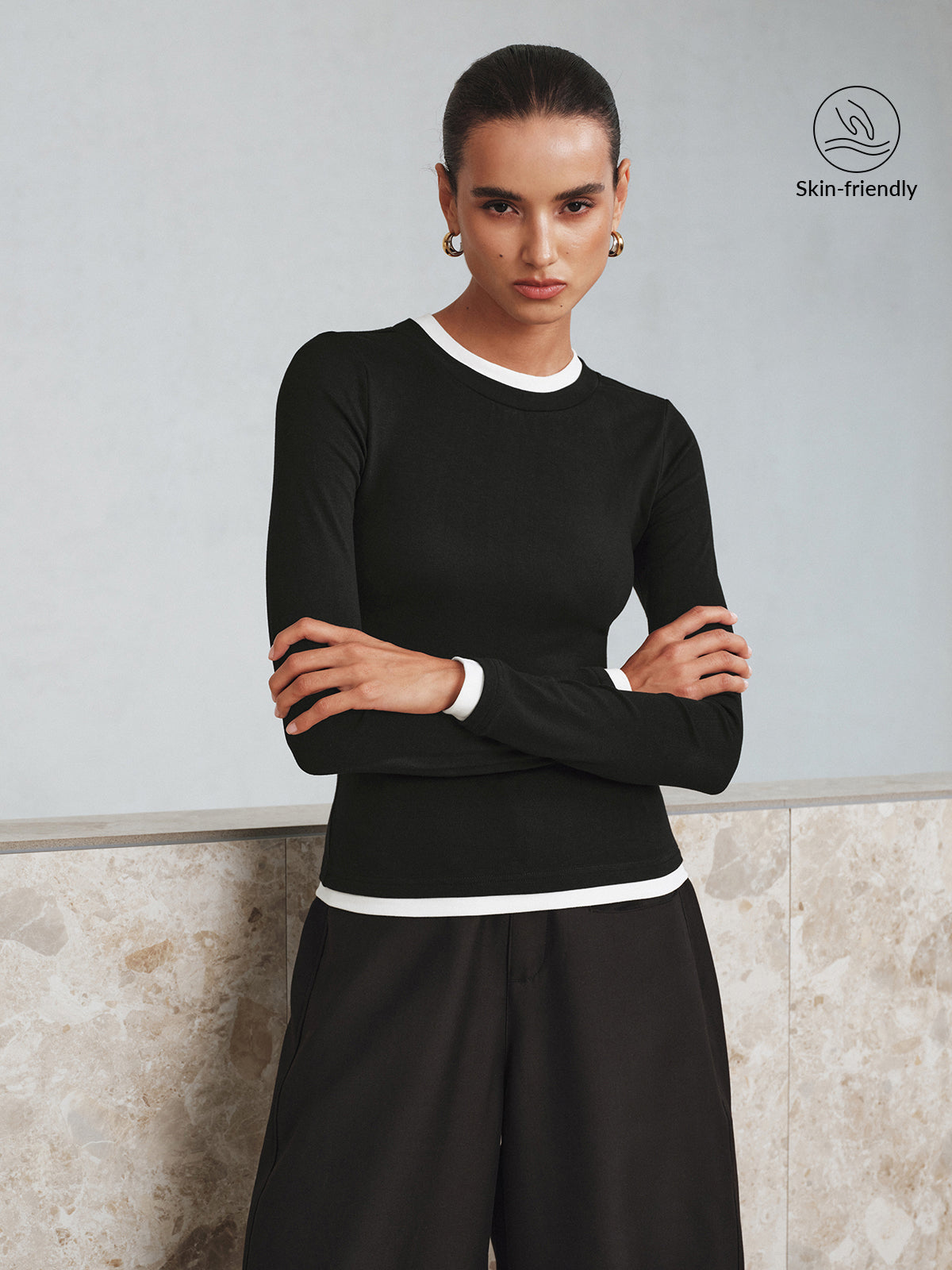 Contrast Trim Long Sleeve T-Shirt-Chicvia