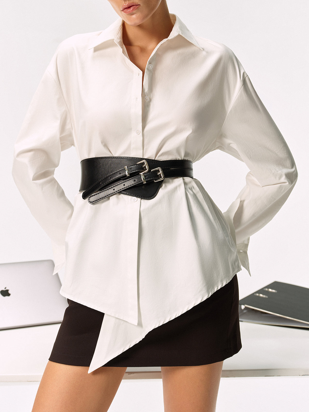 Double Buckle PU Leather Wide Belt-Chicvia