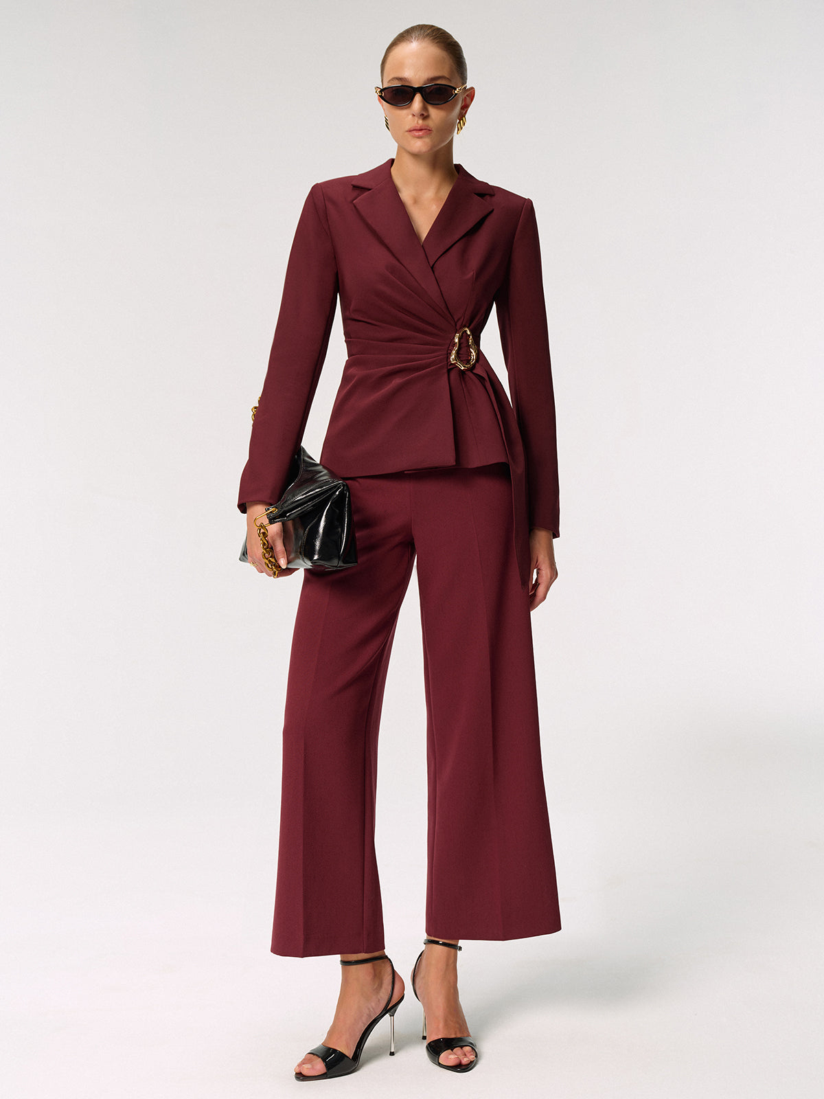 Metal Buckle Asymmetric Blazer-Chicvia