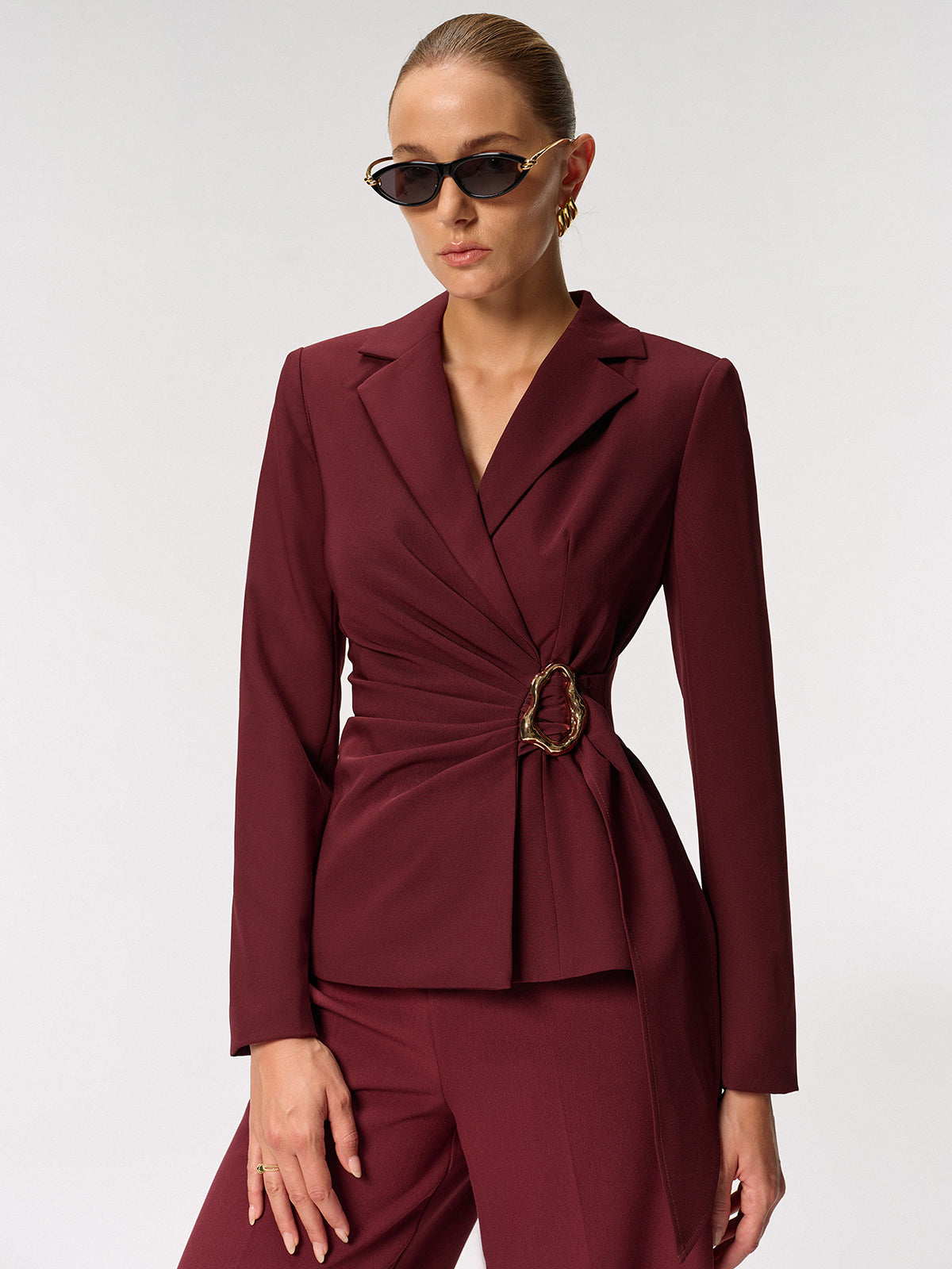 Metal Buckle Asymmetric Blazer-Chicvia