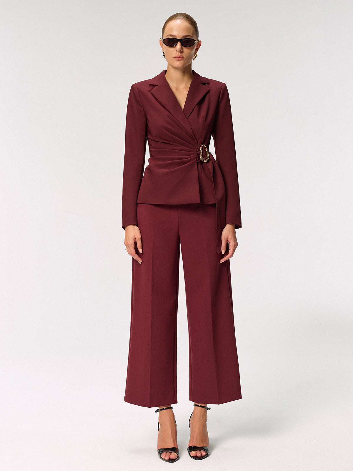 Metal Buckle Asymmetric Blazer-Chicvia