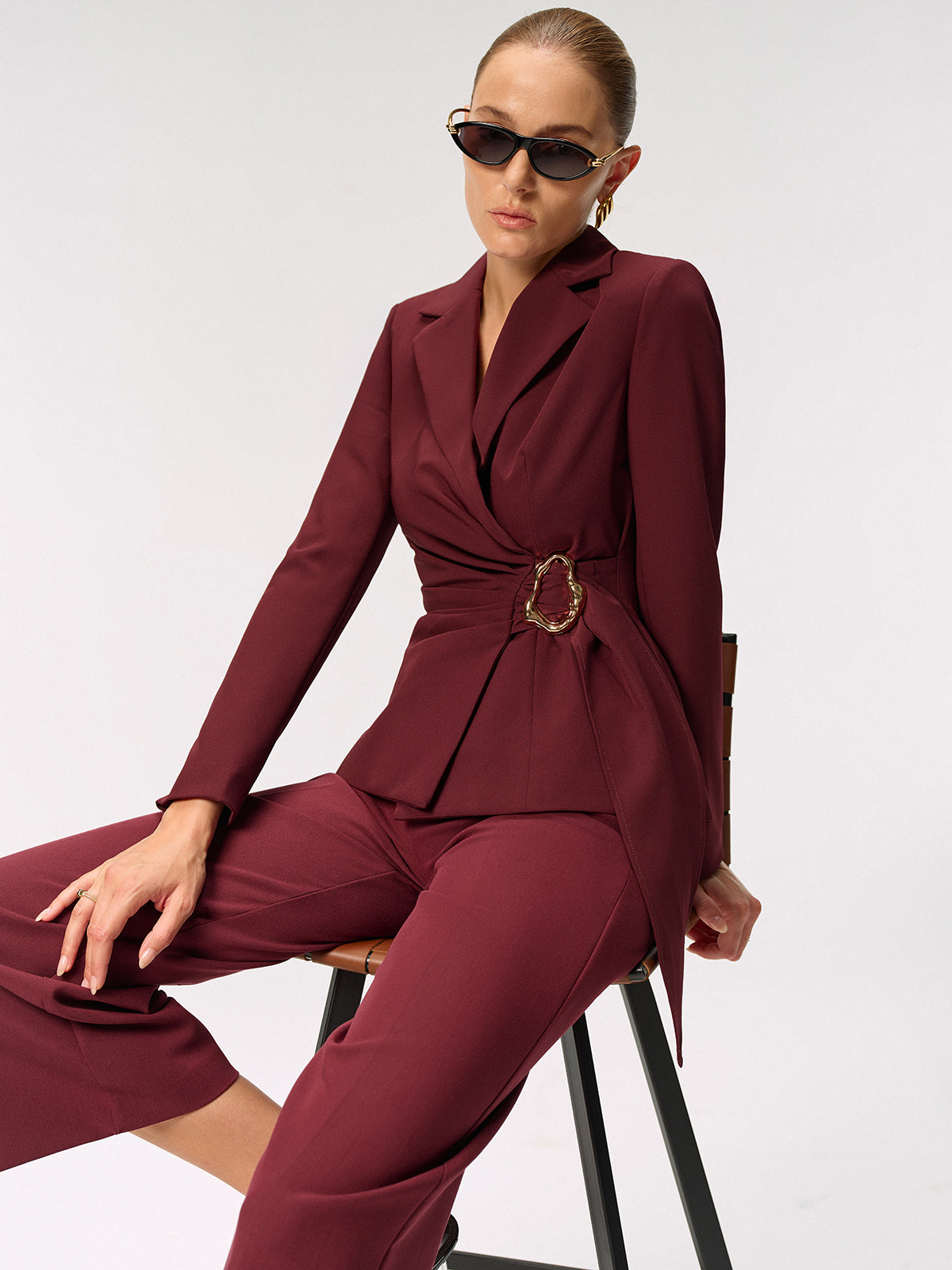 Metal Buckle Asymmetric Blazer-Chicvia