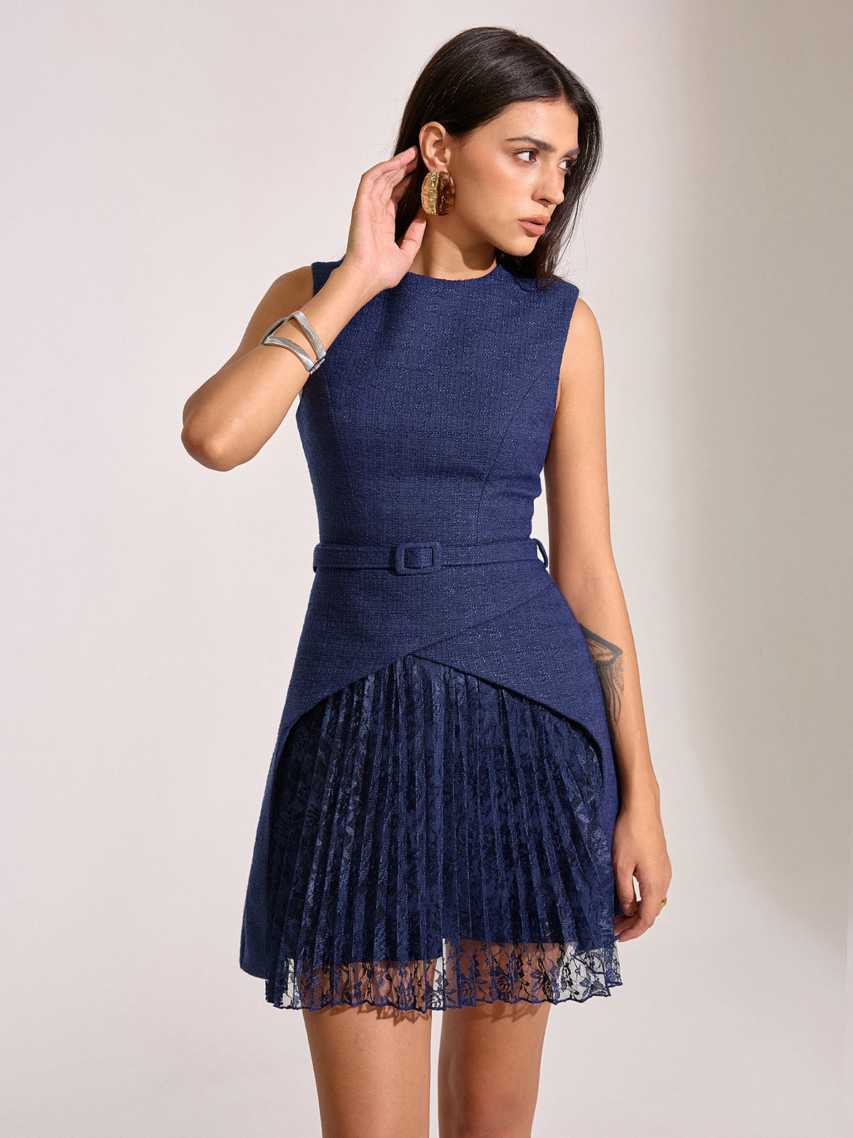 Belted Pleated Lace Mini Dress-Chicvia