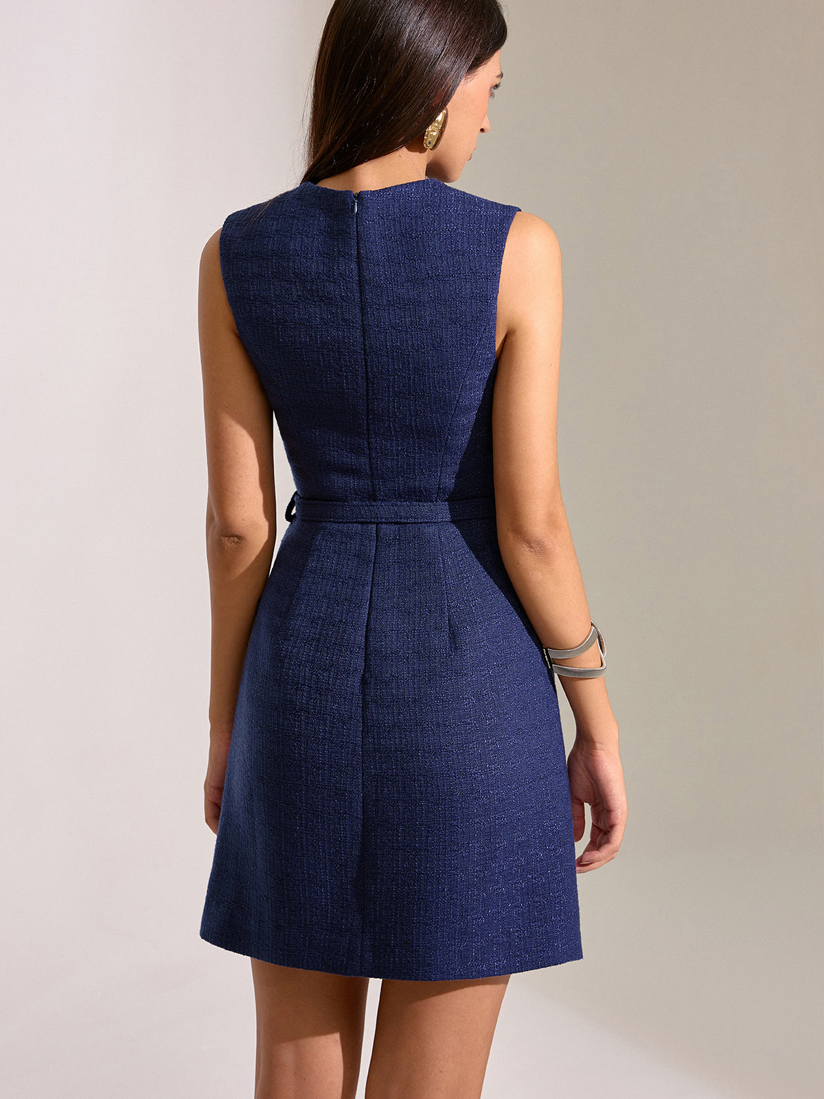 Belted Pleated Lace Mini Dress-Chicvia