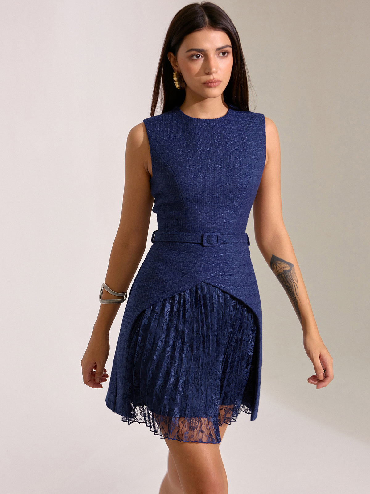 Belted Pleated Lace Mini Dress-Chicvia