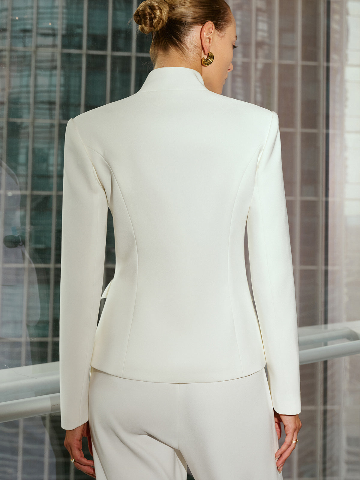 Buckle Detail Stand Collar Blazer-Chicvia