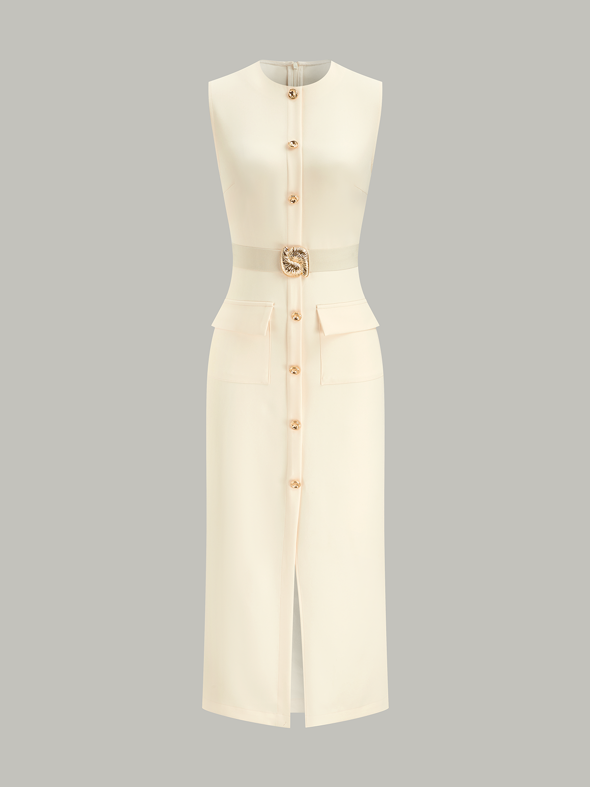 Button-Front Belted Maxi Dress-Chicvia