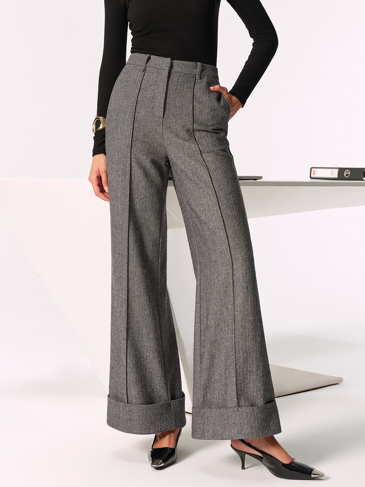 Mid-Waist Cuffed Wide-Leg Pants-Chicvia