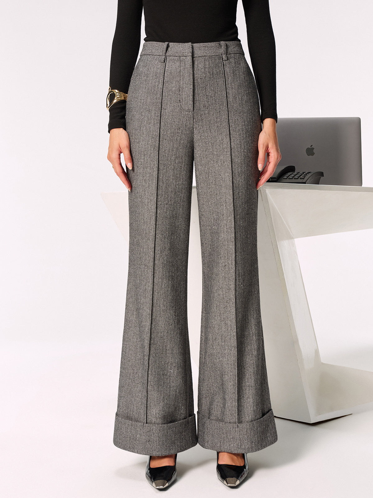 Mid-Waist Cuffed Wide-Leg Pants-Chicvia