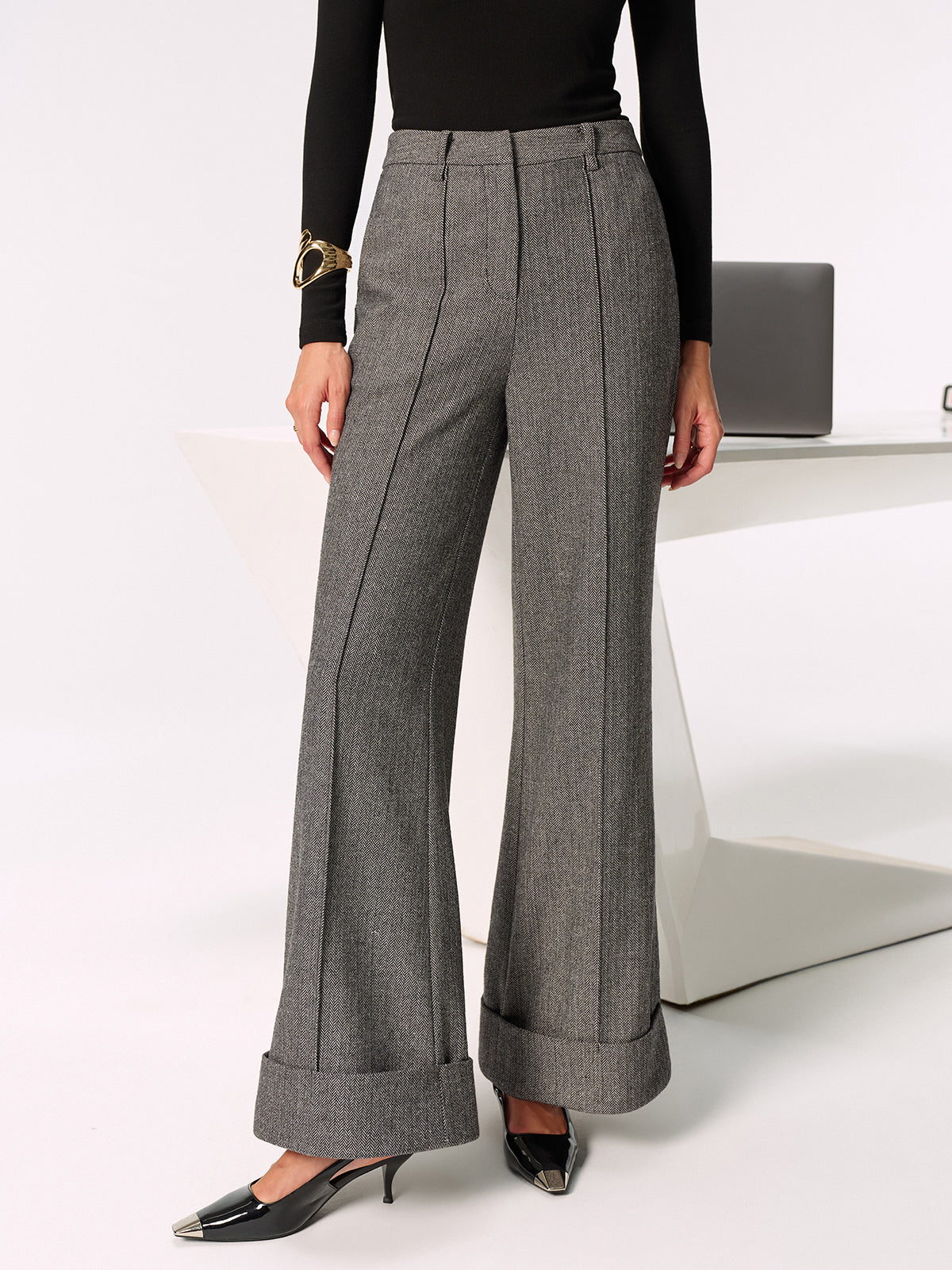 Mid-Waist Cuffed Wide-Leg Pants-Chicvia