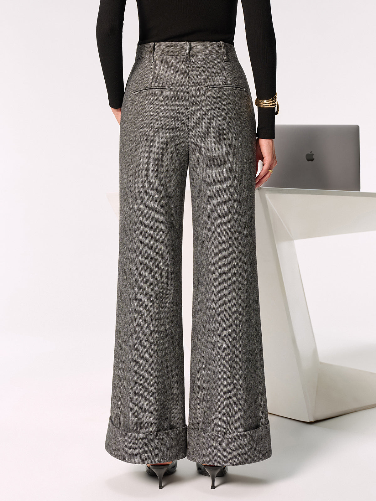 Mid-Waist Cuffed Wide-Leg Pants-Chicvia