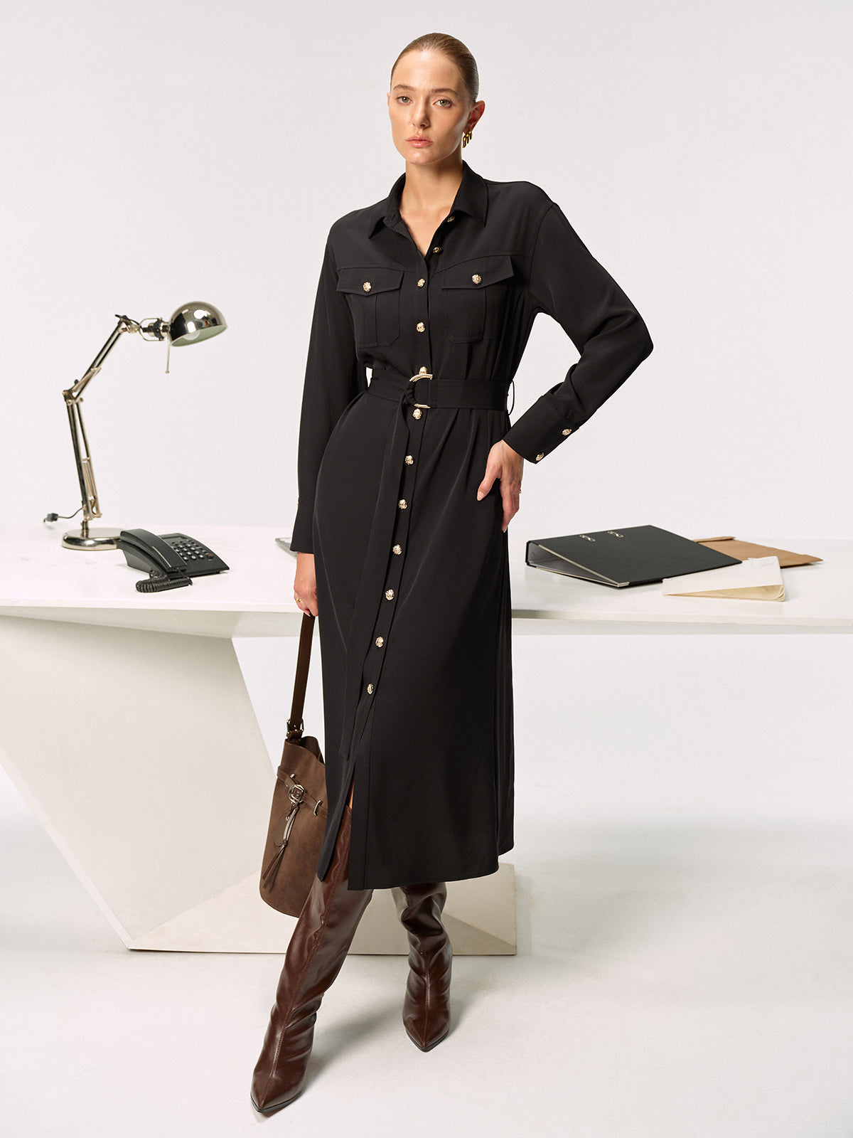 Metal Button-Front Belted Shirt Dress-Chicvia